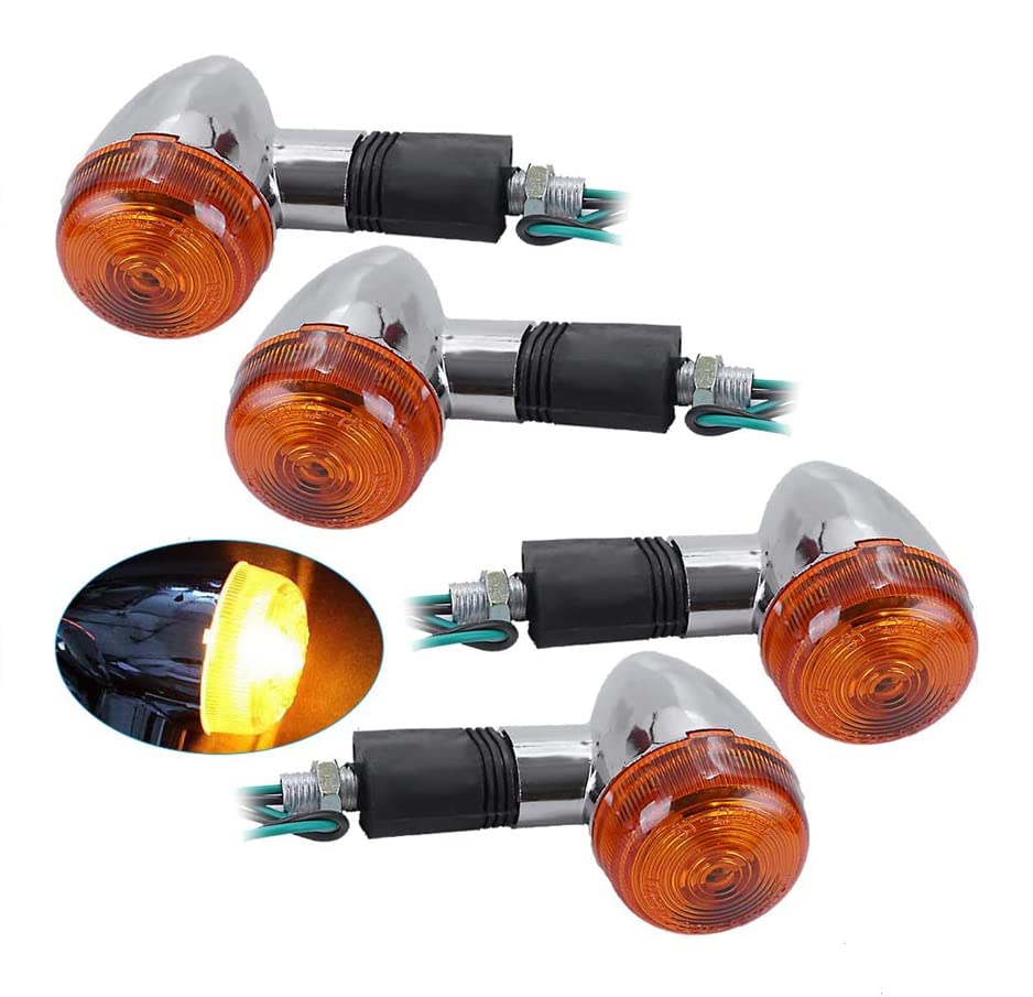 4PCS Amber Chrome Bullet Motorcycle Turn Signals - Front & Rear LED Blinker Indicator Lights Replacement for Honda, Harley, Kawasaki, Suzuki, Yamaha Cruiser & Bobber - Enhanced Visibility for Night Riding & Safety