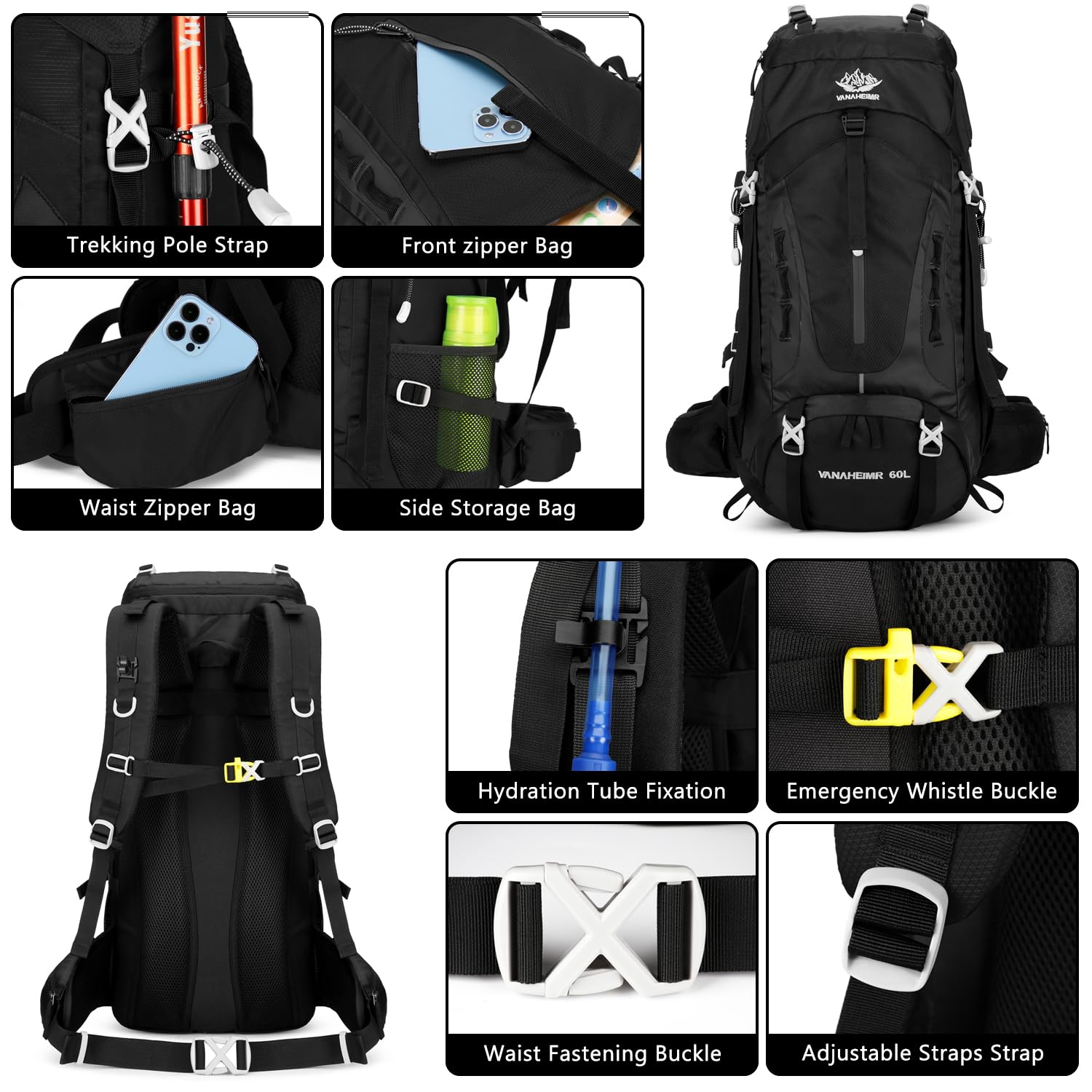 Esup 60L Lightweight Hiking Backpack for Men - Waterproof Camping Backpack with Rain Cover - Durable Travel Backpack for Outdoor Adventures (Black) - Perfect for Trekking, Backpacking & Weekend Getaways