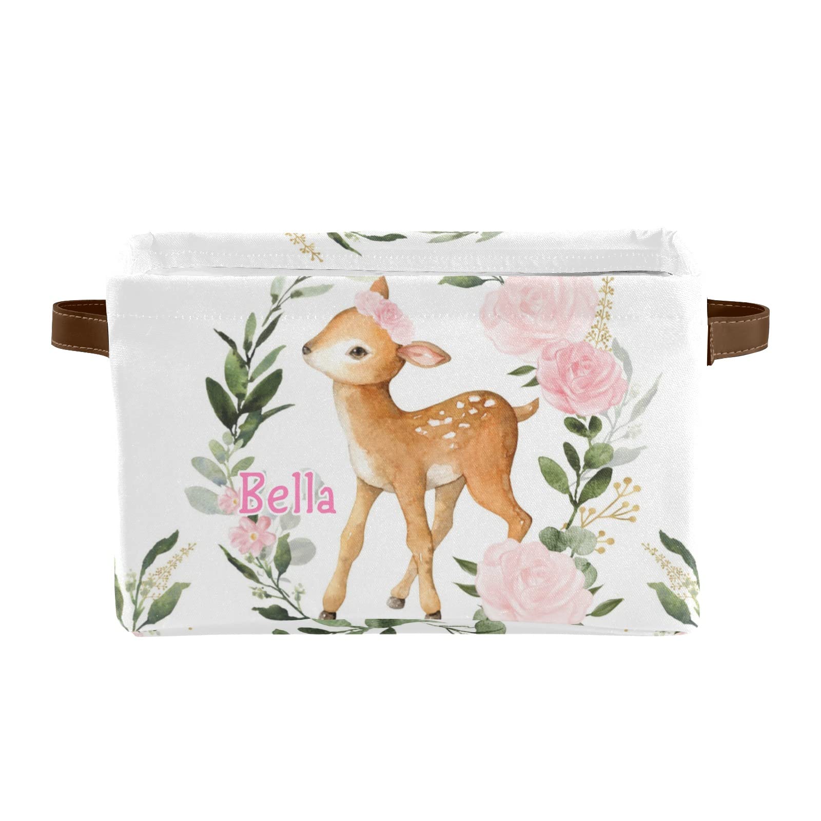 Personalized Floral Deer Pink Storage Basket with Name - 4 Pack Rectangular Home & Kitchen Organizer Bins for Bedroom, Bathroom, and Nursery Decor