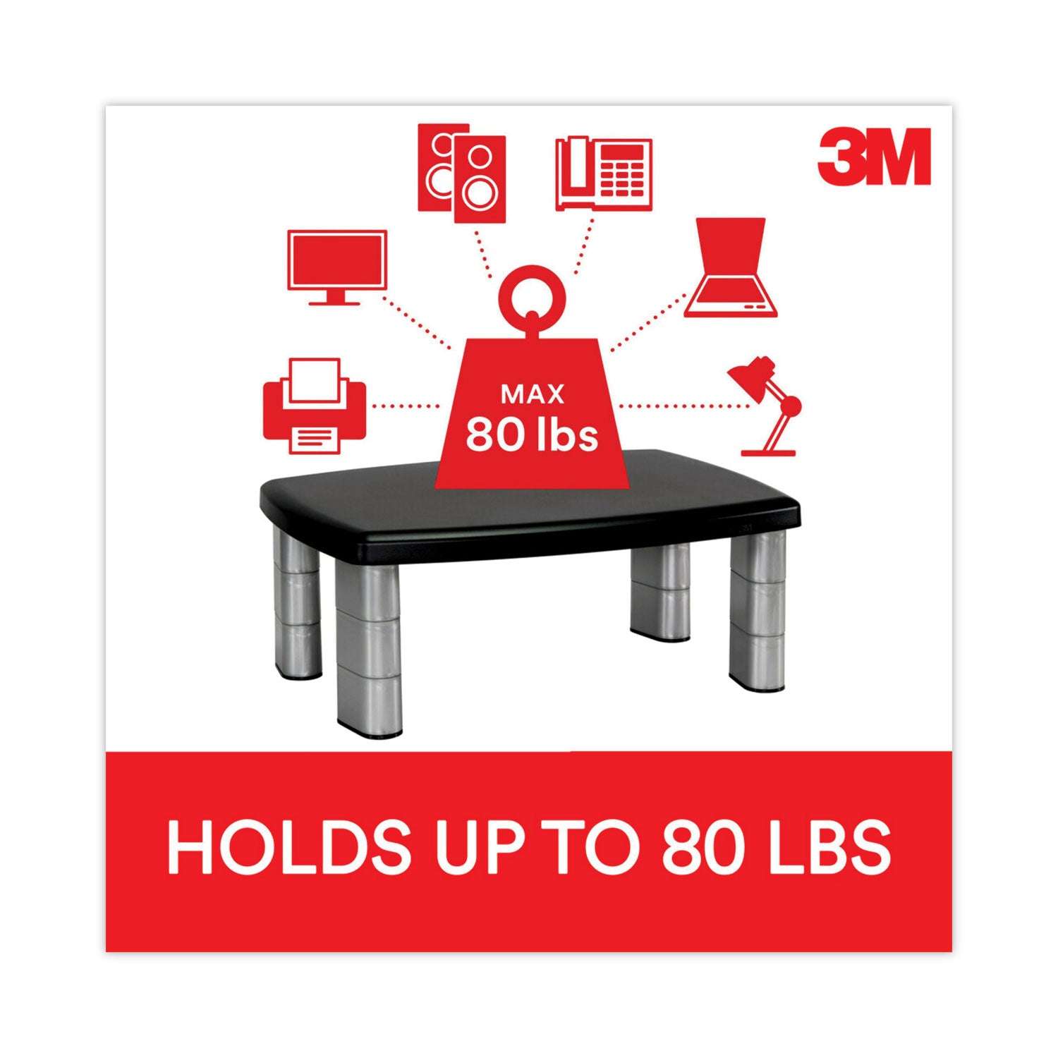 3M™ Adjustable Height Monitor Stand - Ergonomic Black/Silver Desktop Riser (15