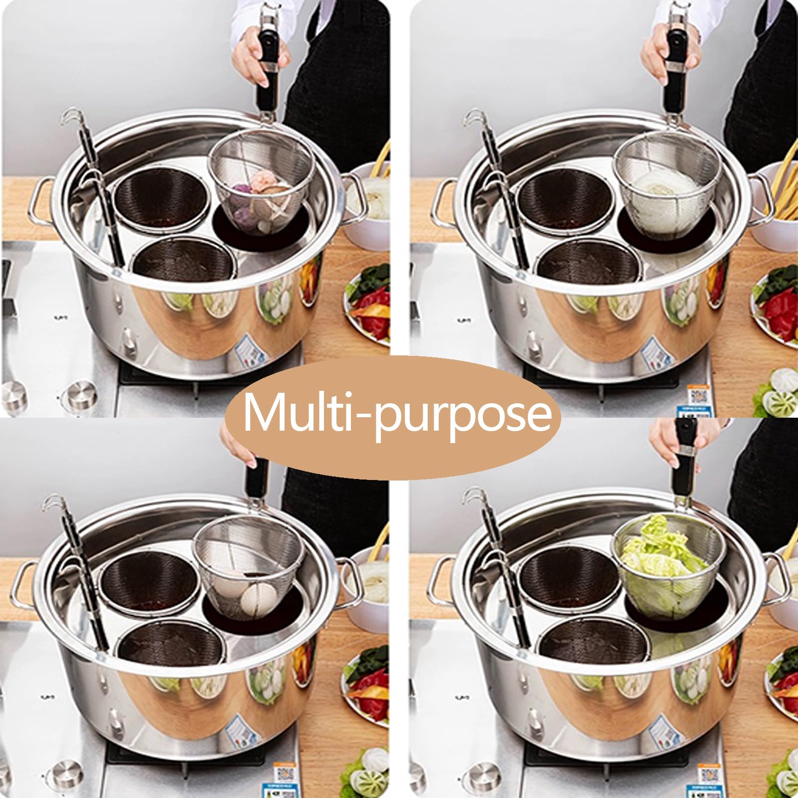 Premium Stainless Steel Pasta Cooker Insert Set with Strainer Basket - 4-Hole Multipurpose Cooking Tool for Noodles, Dumplings & Pasta | Ideal for Home Kitchens & Restaurants | Perfect for Meal Prep, Family Dinners & Professional Cooking