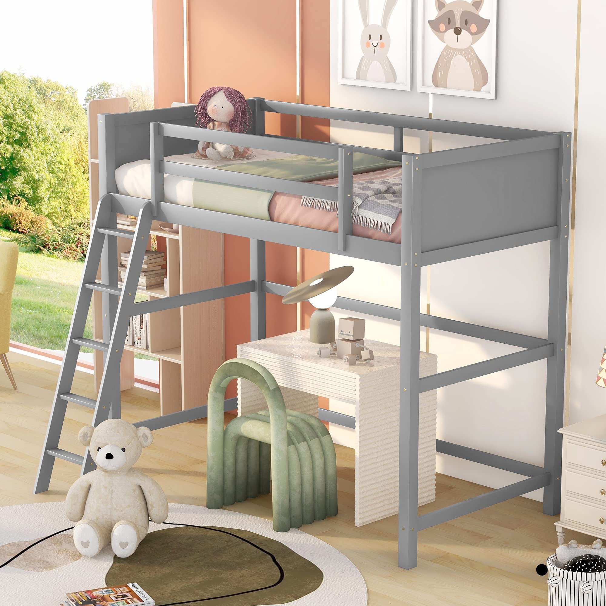 Harper & Bright Designs Twin Loft Bed Frame with Angled Ladder - Sturdy Wooden High Loft Bed for Kids & Teens (Girls & Boys) - No Box Spring Needed - Grey - Perfect for Small Bedrooms & Dorm Rooms
