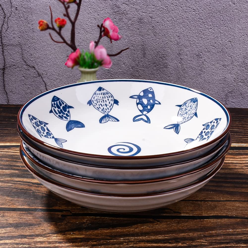 Ceramic Dinner Plates Set of 4 - Blue and White Floral Pasta Bowls, Salad & Dessert Plates | Microwave & Dishwasher Safe | Perfect for Pasta, Appetizers, Snacks & Family Dinners