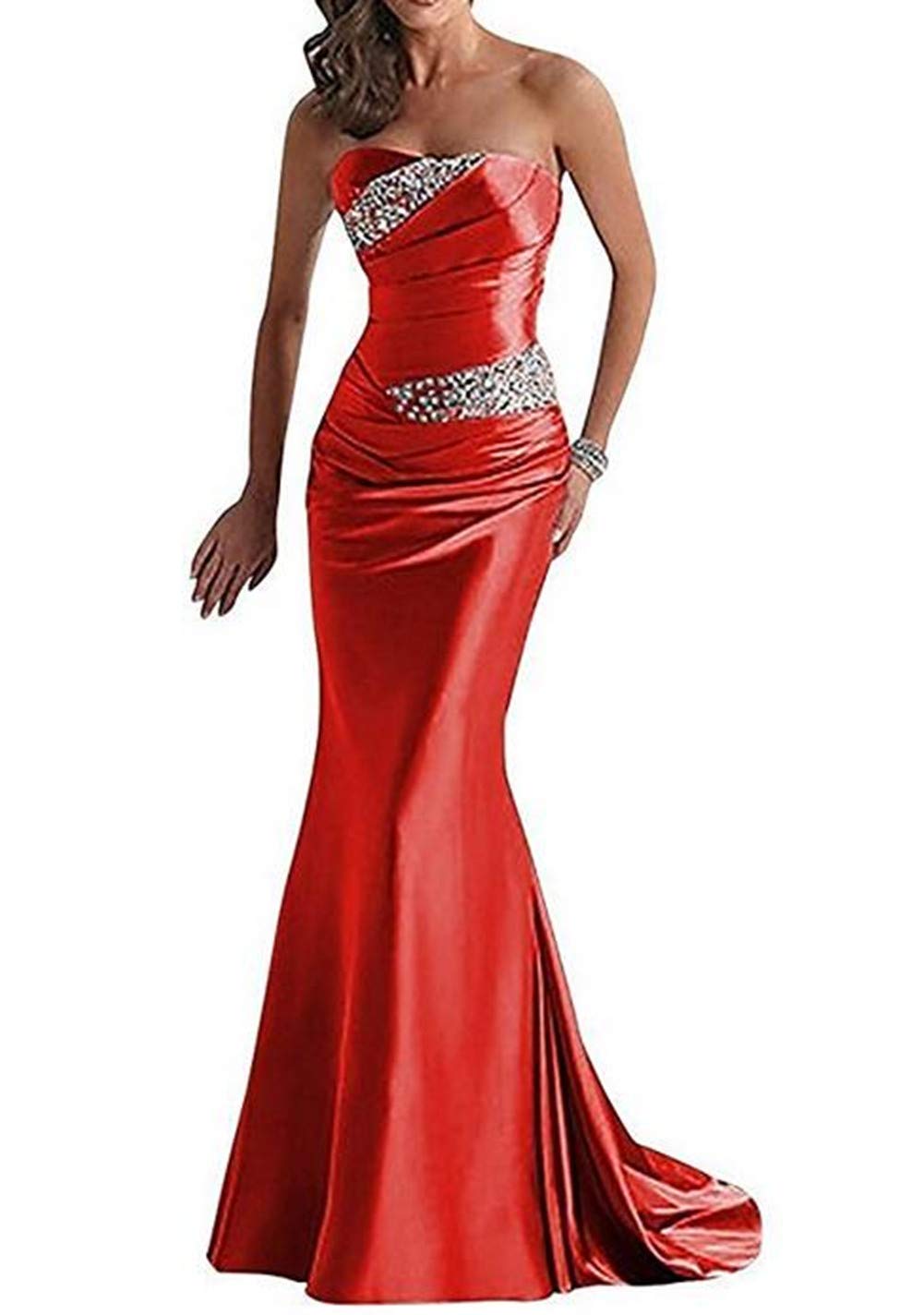 Emanni Women's Strapless Beaded Mermaid Sheath Evening Gown with Train - Elegant Formal Dress for Prom, Wedding, Red Carpet & Special Occasions