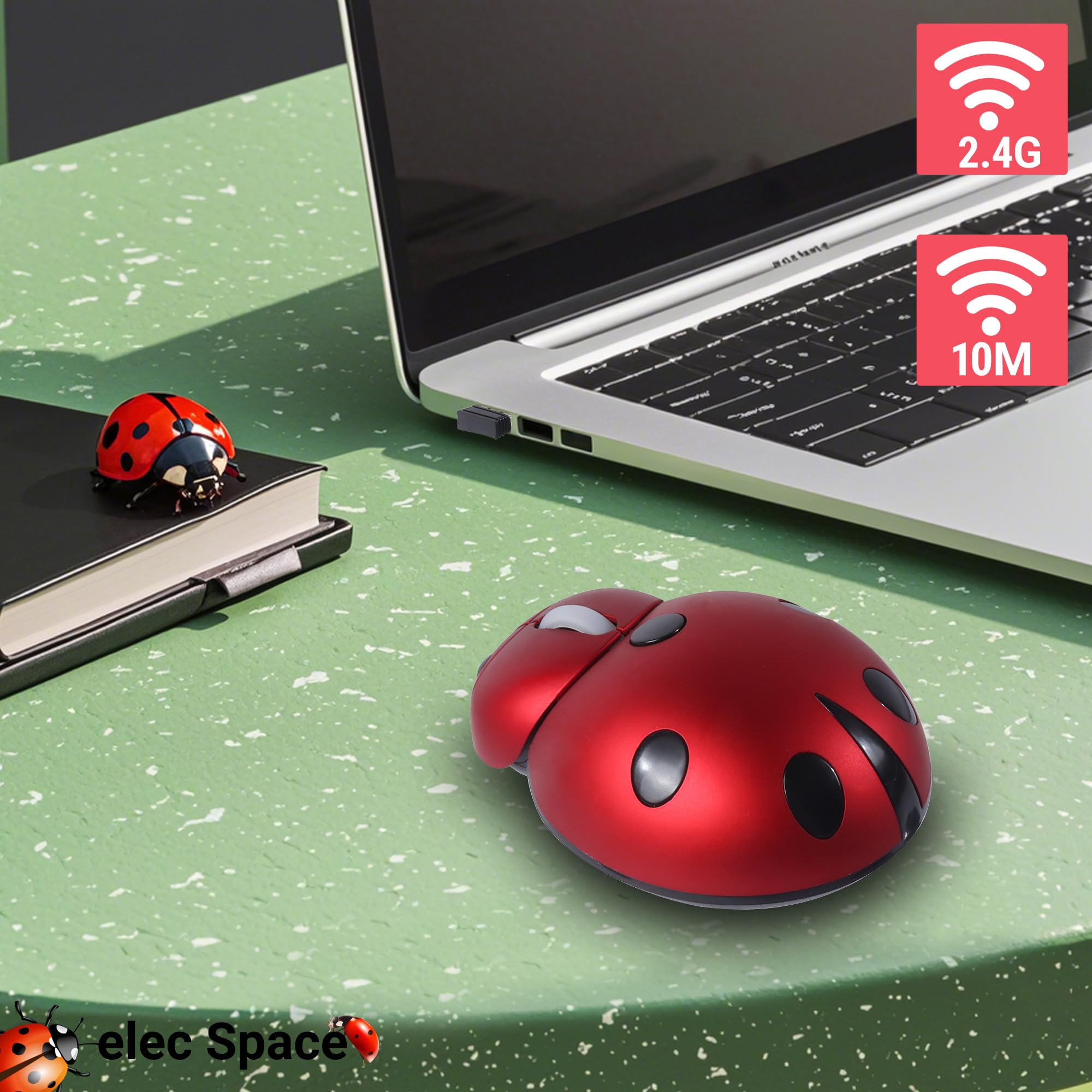 Elec Space Mini Wireless Mouse - Cute Ladybug Design, Ergonomic Cordless Mouse for Kids, Laptop, PC, Mac, Notebook - Includes Mouse Case, Perfect for Home, Office, and School Use (Red)