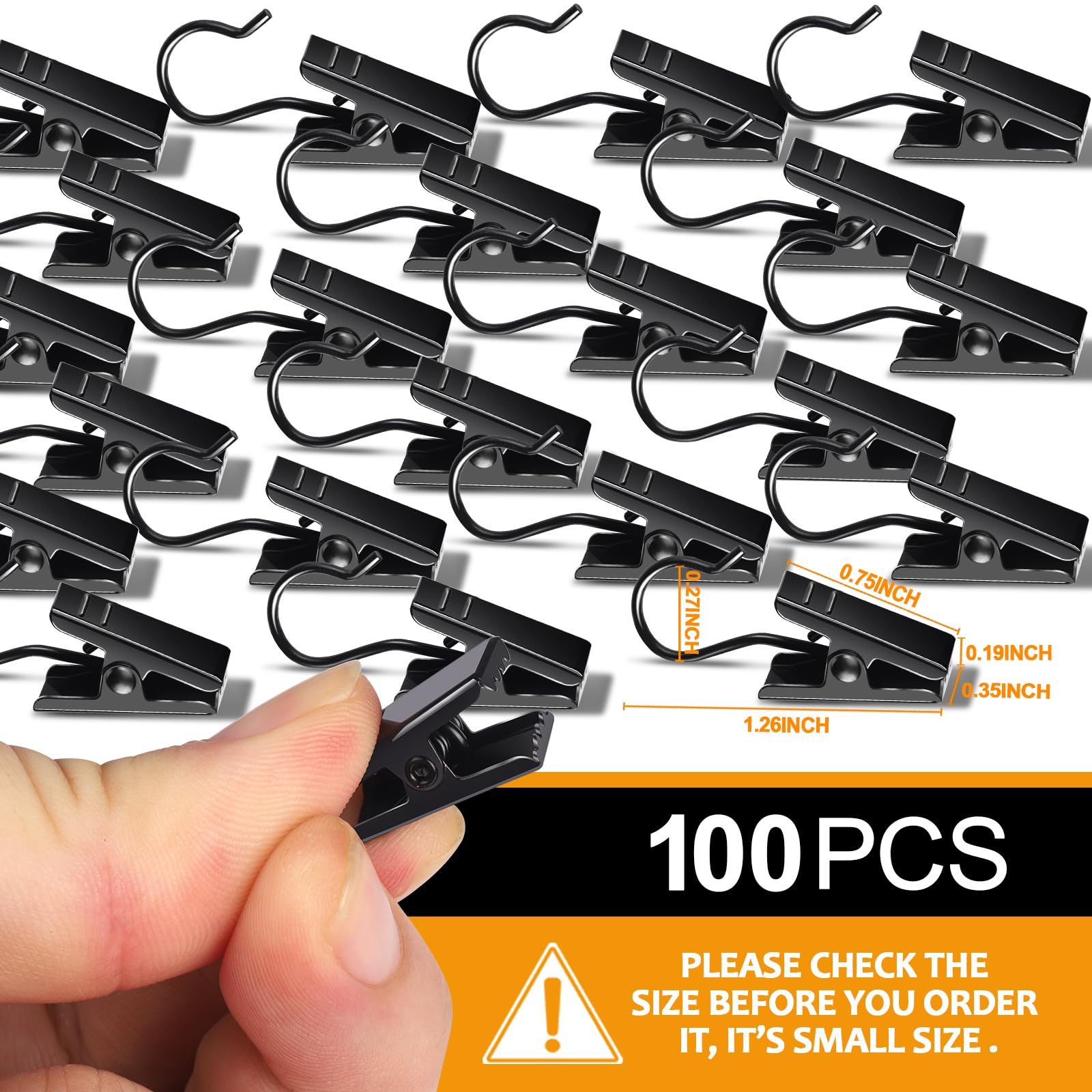 100 Pack Small Stainless Steel Curtain Clips & Hooks - Black Curtain Hanging Clips for Outdoor String Lights, Drapes, Sheers - Perfect for Patio, Wedding, Garden Decoration & Home Decor