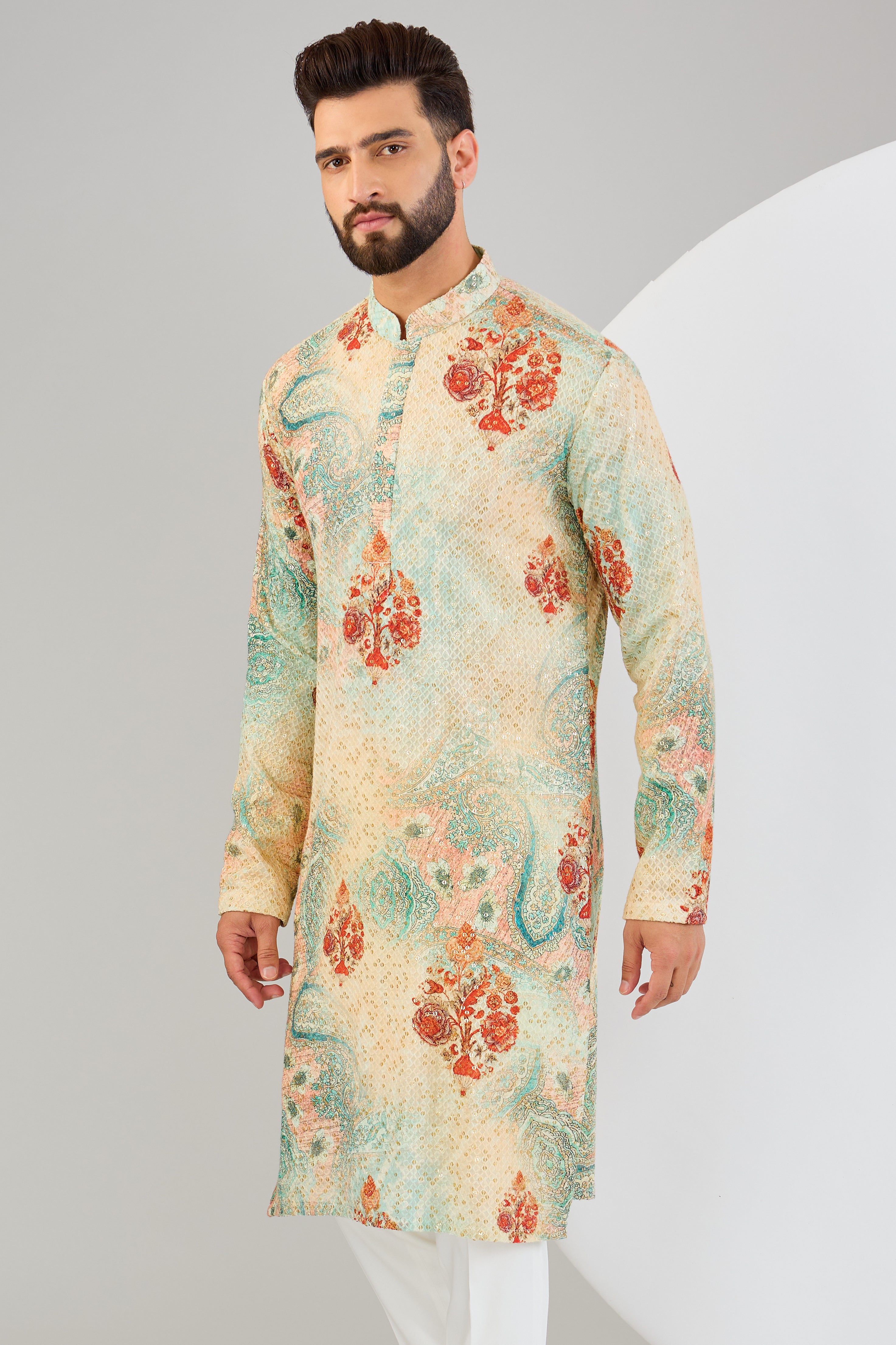 Elegant Multi-Colored Chikankari Kurta with Sequins Embroidery & Kalamkari Print - Perfect for Festivals, Weddings & Ethnic Fashion
