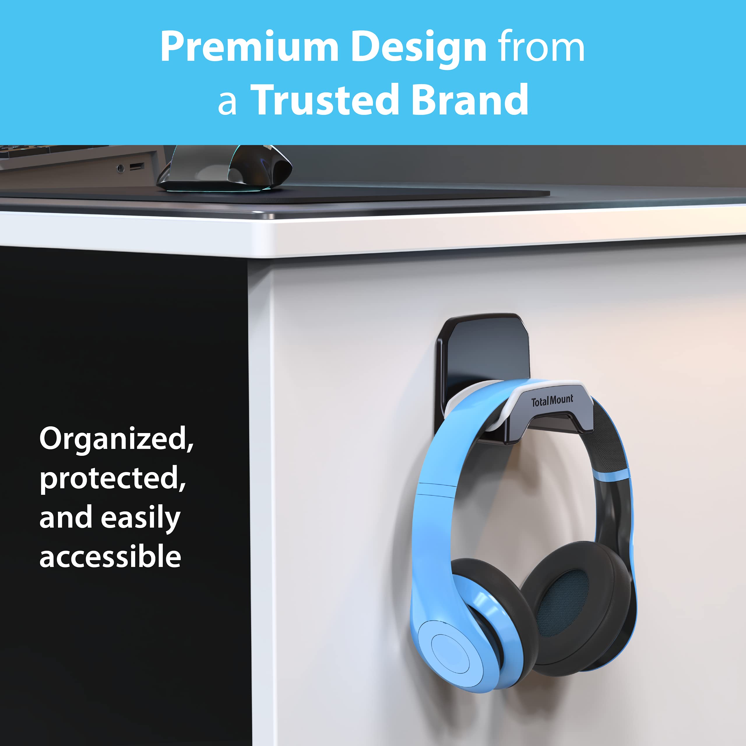 TotalMount Gaming Headset Hanger - Damage-Free Wall/Desk/PC Mount with Removable Adhesive Strips, Black Headphone Hook & Premium Silicone Cradle (1-Pack) - Perfect for Gaming Setups, Home Offices & Workstations