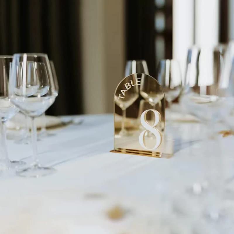 Custom Arched Golden Table Numbers with Stands - Gold Mirror Wedding Table Signs for Reception Decor (1-15, 12x18cm, Mirror Gold) | Elegant Table Decor for Weddings, Parties & Special Events