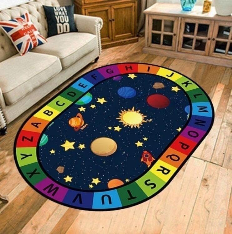 6x8ft Oval ABC Letter & Sun Star Planet Printed Non-Slip Washable Kids Rug - Soft Nursery Classroom Rug for Baby & Children's Room, Playroom, Daycare Learning Area