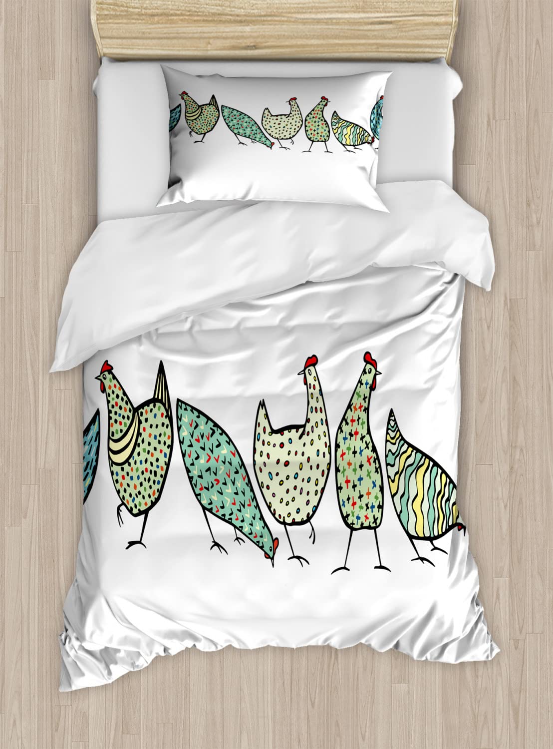 Ambesonne Chicken Duvet Cover Set - Farm Animal Geometric Poultry Print Twin Size Bedding (2 Duvet Covers + 2 Pillowcases) - Pale Green & White - Perfect for Farmhouse, Country & Rustic Bedroom Decor
