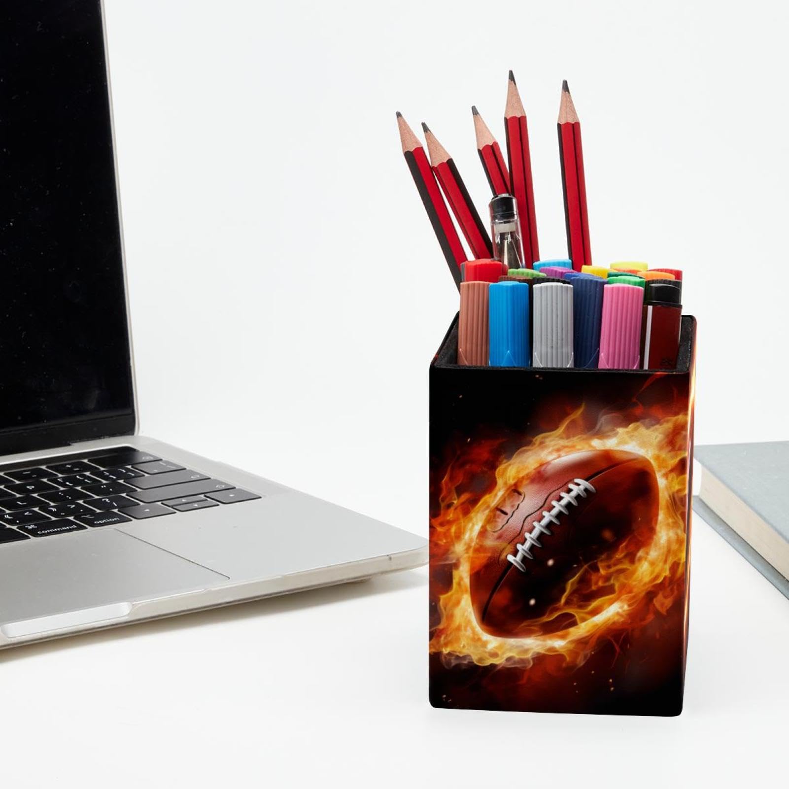 Premium Desk Pen Holder & Pencil Organizer - American Football & Fire Design - Office Supplies for Home, School, and Workplace Organization