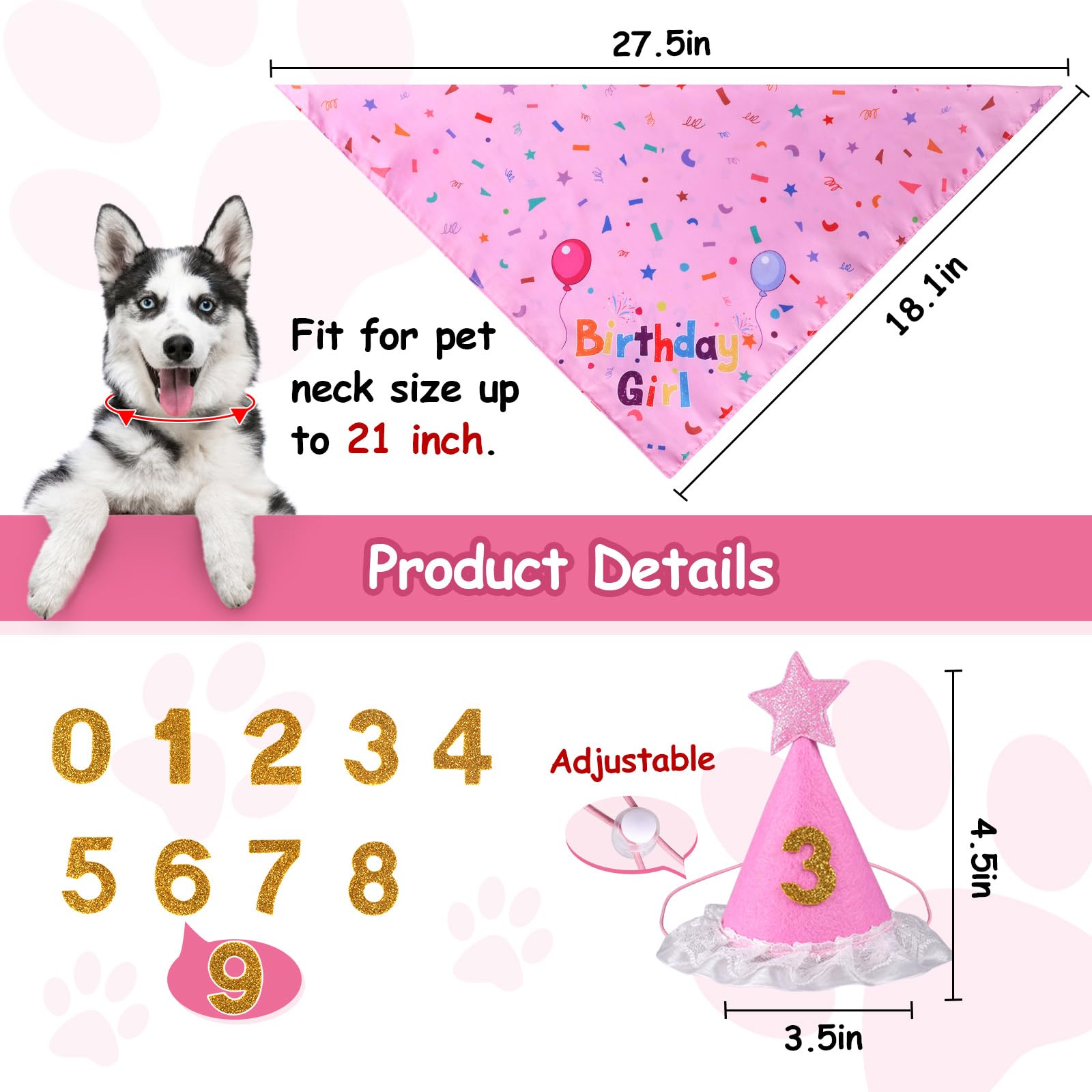 Dog Birthday Party Decorations - Adjustable Birthday Hat with Numbers & Cute Pink Bandana Set for Small, Medium, Large Dogs - Perfect Pet Supplies Gift for Puppy Birthday Celebrations