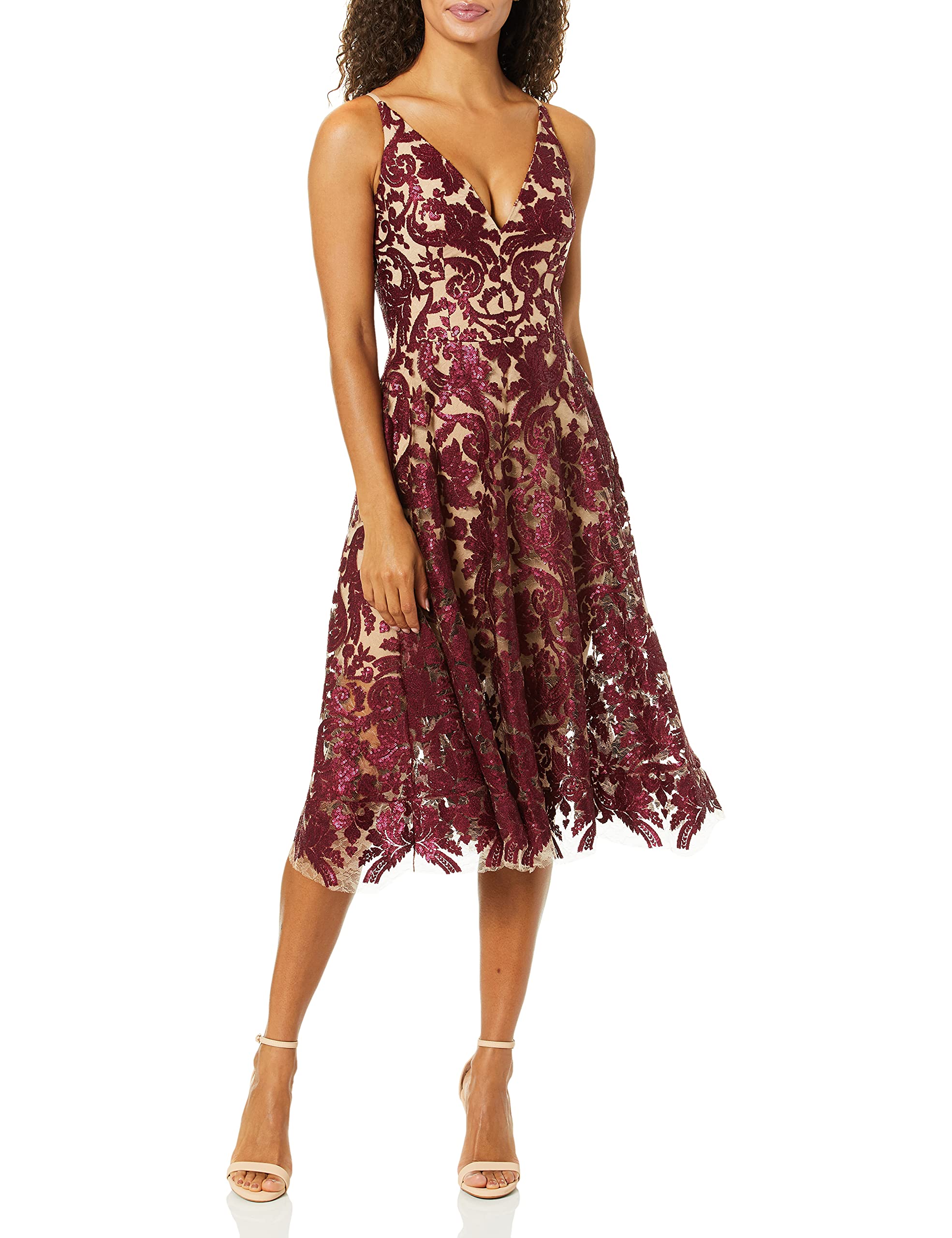 Dress the Population Women's Blair Plunging V-Neck Fit & Flare Midi Dress for Cocktail Party, Wedding Guest & Evening Events