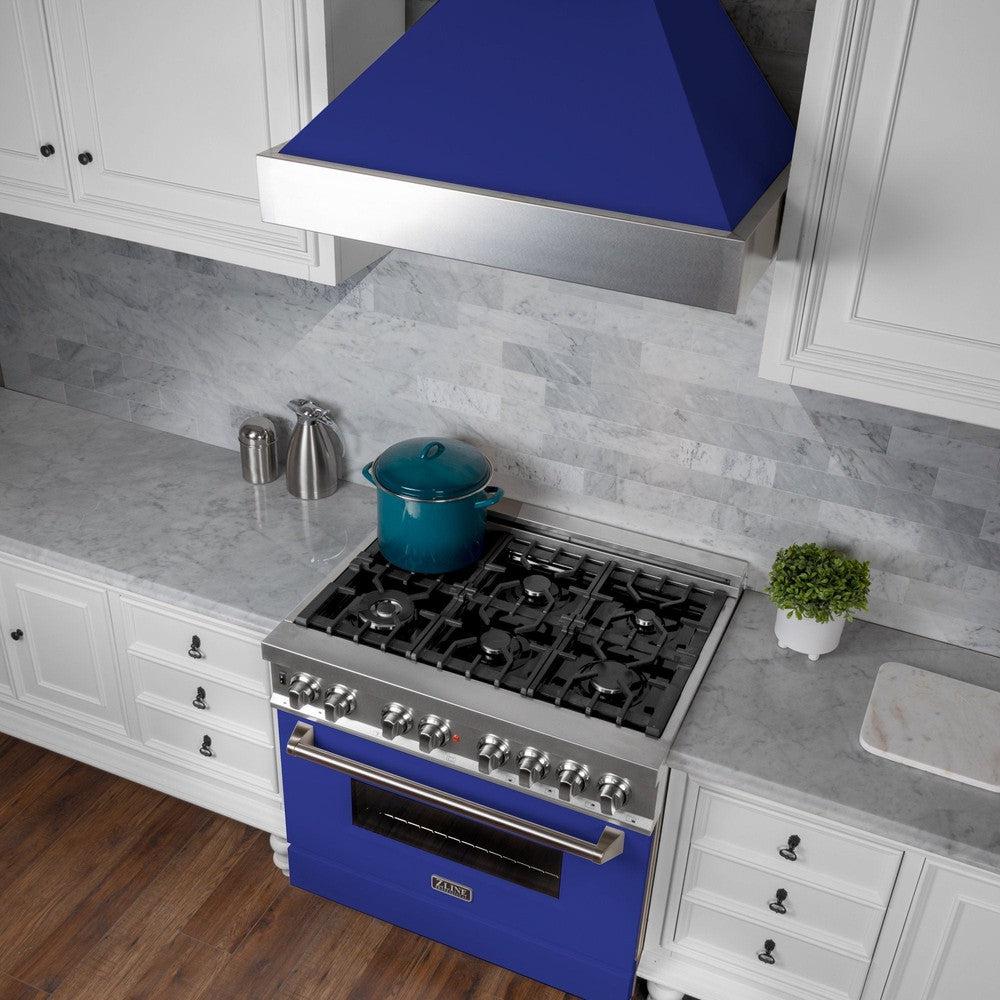 ZLINE 36 Inch Stainless Steel Wall Mount Range Hood - Satin Finish with Blue Matte Shell (8654BM 36) | Powerful Ducted Ventilation for Kitchen | Perfect for Modern Home Cooking & Smoke Removal