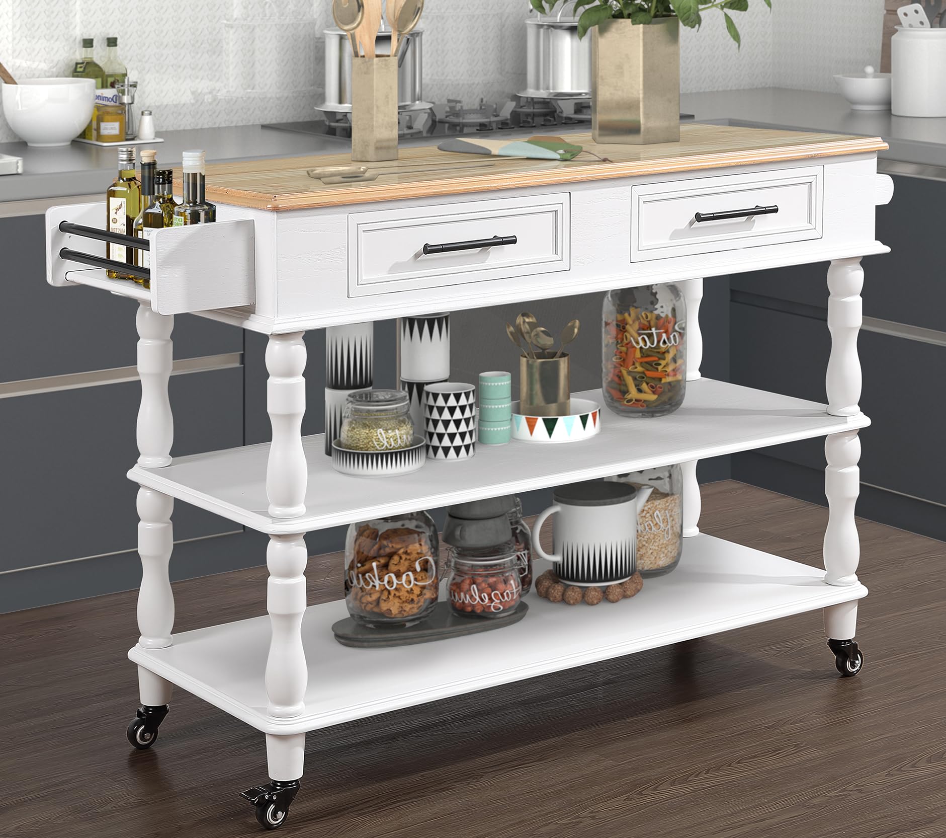 56 Inch Solid Oak Wood Kitchen Island Cart with 2 Drawers & Storage Shelves - Rolling Kitchen Cart with Wine Rack, Spice Organizer - White - Perfect for Small Kitchens, Dining Rooms & Home Bar Setup