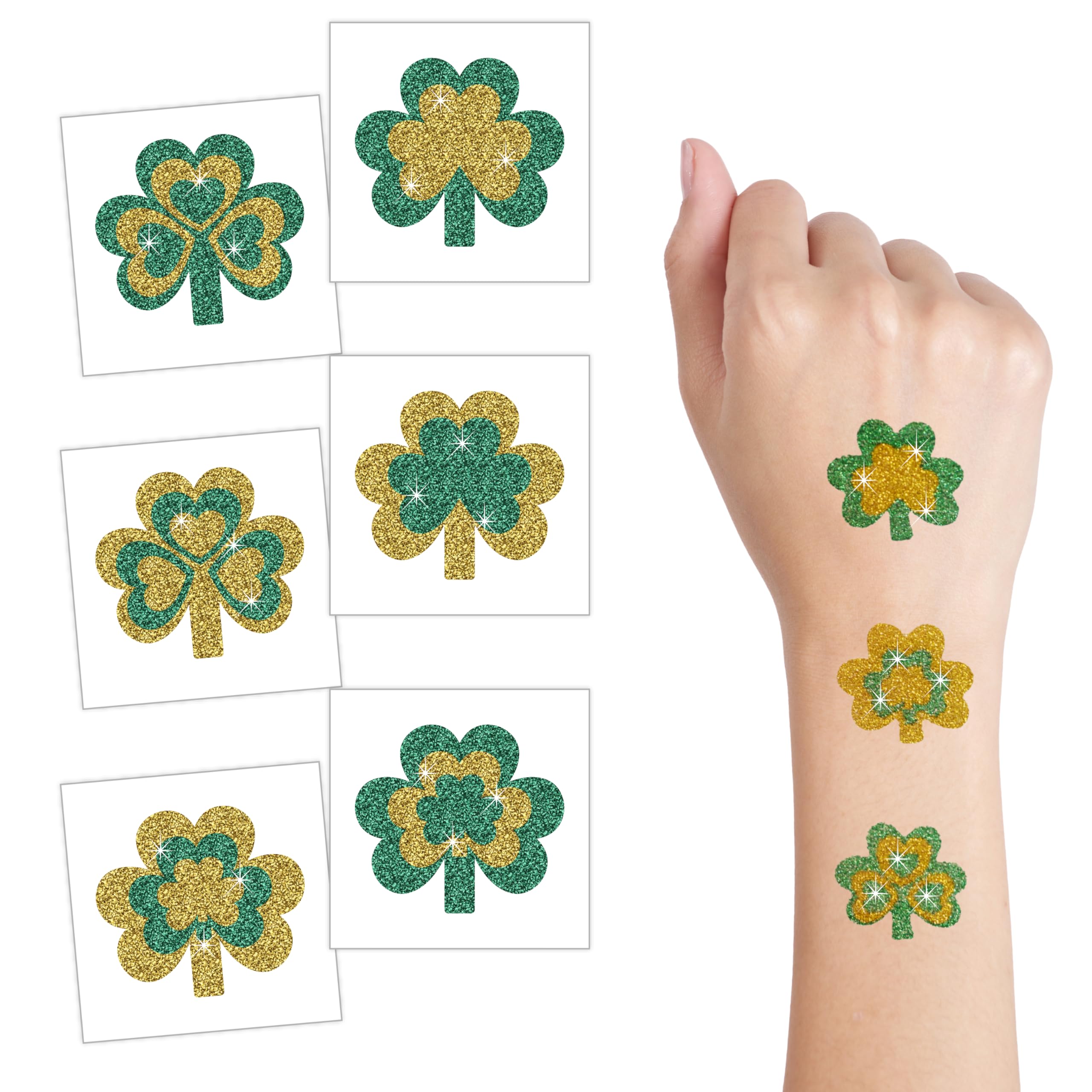 4E's Novelty Shamrock Temporary Tattoos - 24 Pack Glitter St. Patrick's Day Tattoos for Kids & Adults | Irish Party Favors, Face & Body Art | Perfect for Festivals, Parades & Themed Events