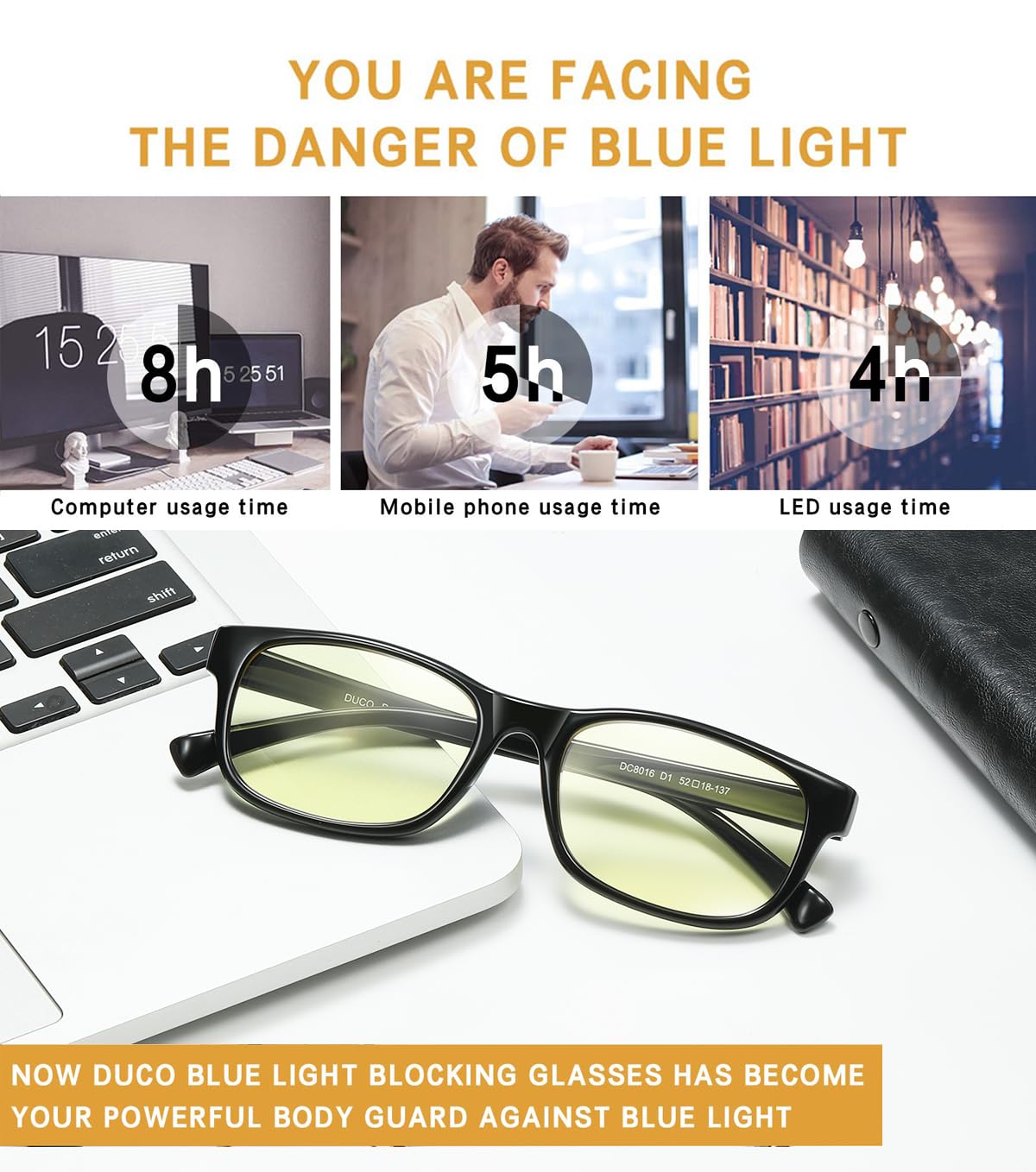 DUCO Blue Light Blocking Glasses for Gamers & Computer Use - Anti Eye Strain Glasses for Gaming, Work & Screen Time - Reduce Fatigue & Improve Sleep (Perfect for PC, Office & Night Use)