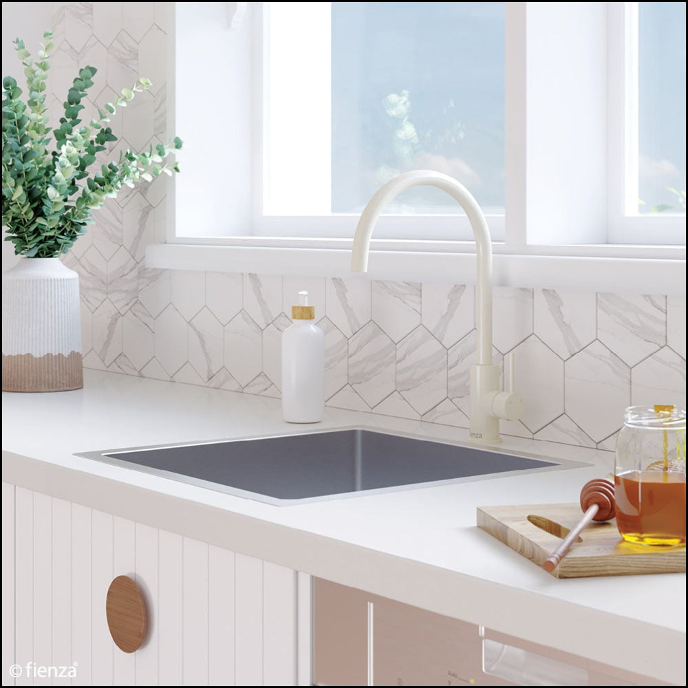 Fienza Kaya 228105W Warm White Gloss Mixer Tap - Modern Kitchen Faucet with Single Lever Handle for Easy Temperature Control | Perfect for Home, Restaurant & Commercial Use