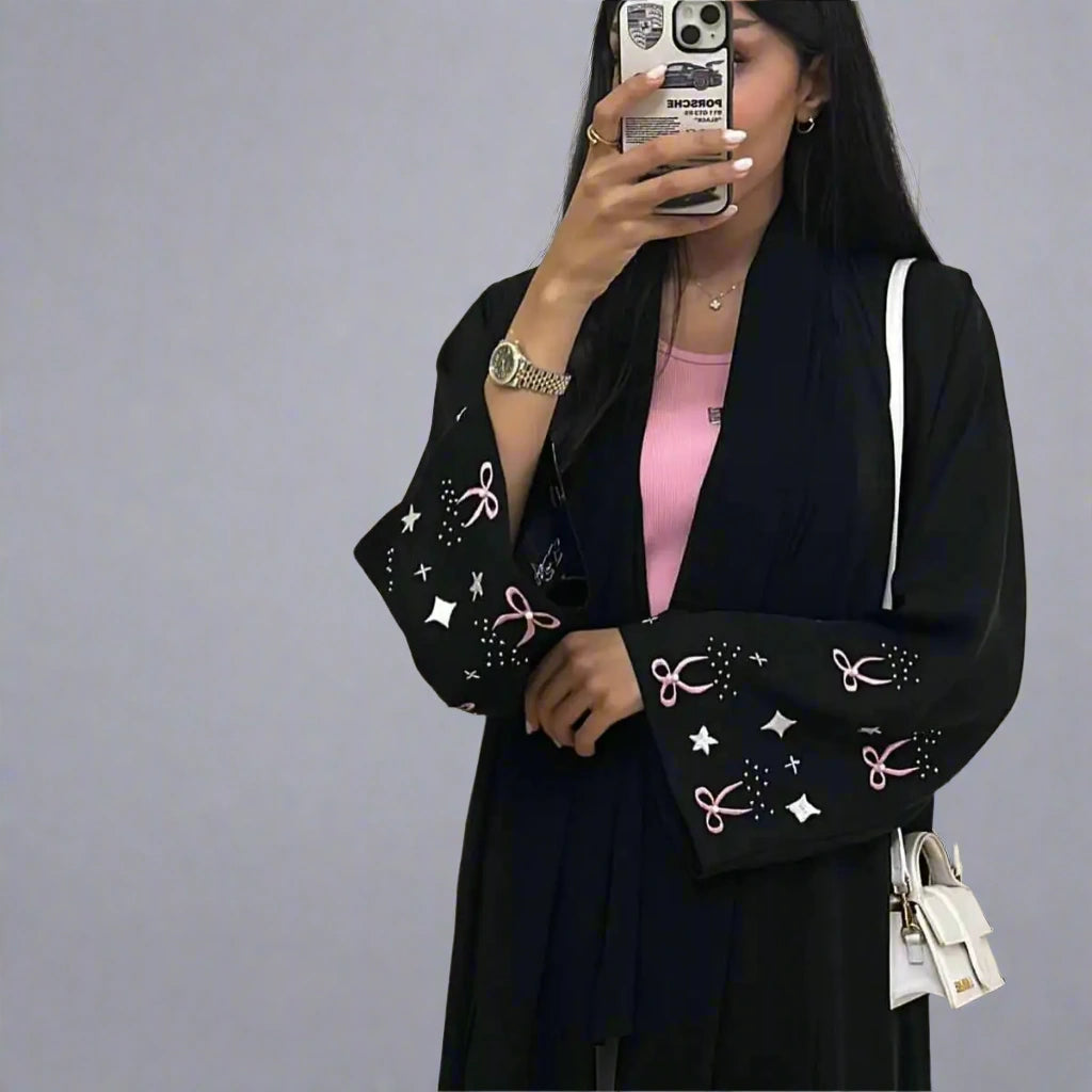 Elegant Hijab Embroidery Cuff Satin Cardigan Open Abaya Dress - Modest Muslim Fashion for Women, Prayer, Special Occasions & Everyday Wear