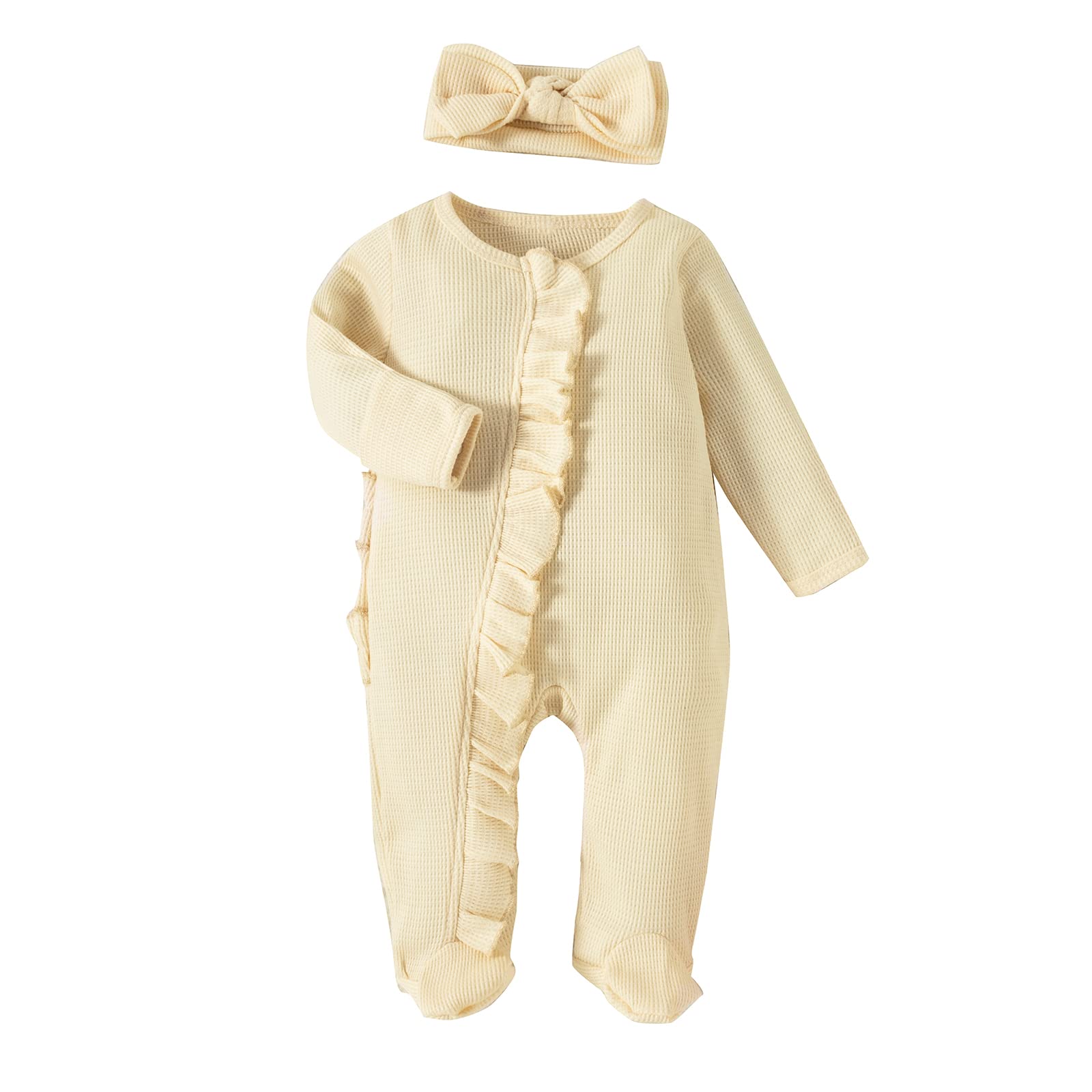 Adorable Newborn Baby Girl Waffle Knit Footie Romper with Zipper & Ruffle Detail - Soft Winter Jumpsuit for Infants 0-3 Months | Perfect for Fall Photoshoots, Holiday Outfits & Cozy Nursery Wear