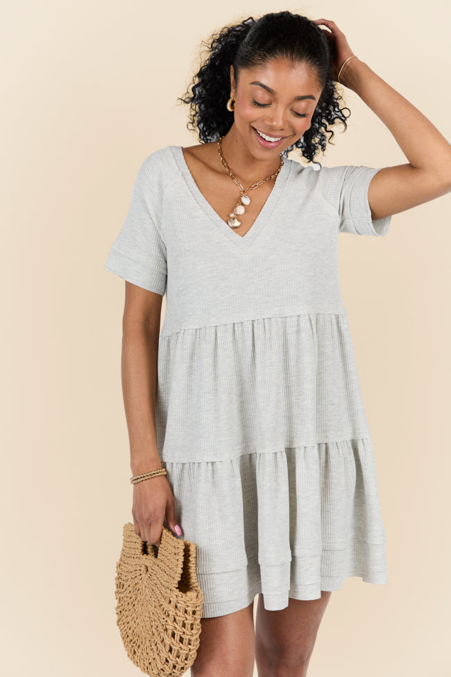Heather Grey Waffle Knit V-Neck Short Sleeve Dress for Women - Casual Summer Outfit for Beach, Brunch & Date Night