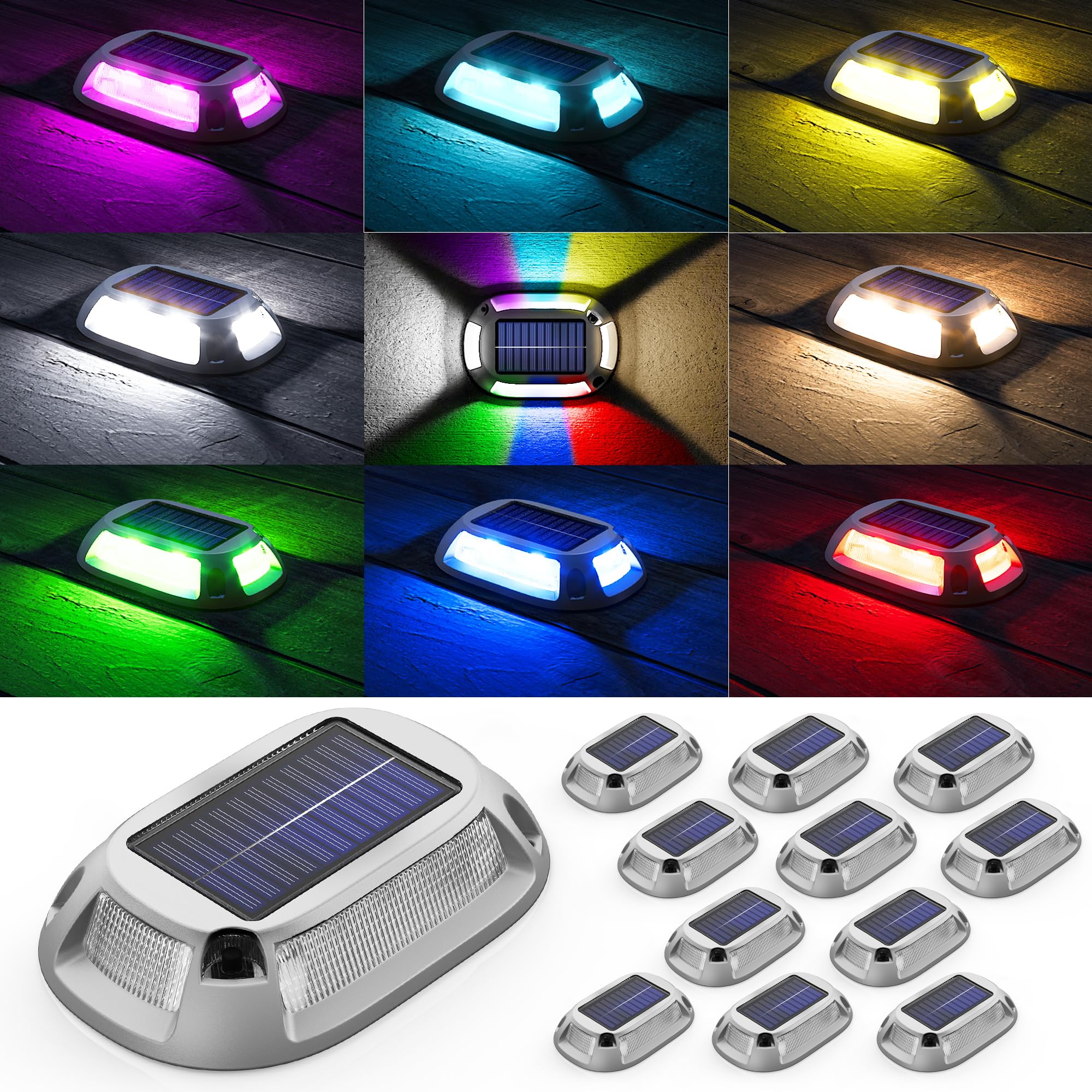 12Modes Multicolor Solar Driveway Lights - IP68 Waterproof Marine Dock Lights with 4Way LED Markers - Aluminum Alloy Boat & Deck Lighting - RGB Pathway Lights for Garden, Yard, Walkway [12Pack]