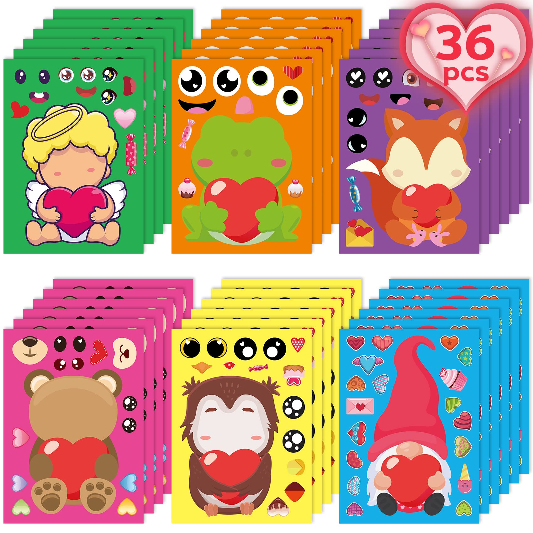 Valentine's Day Stickers for Kids - 36PCS DIY Make a Face Stickers with Heart Mix, Fun Animal Stickers for Valentine's Day Crafts, Classroom Activities & Party Favors | Perfect for School Projects, Gift Wrapping & Holiday Decorations