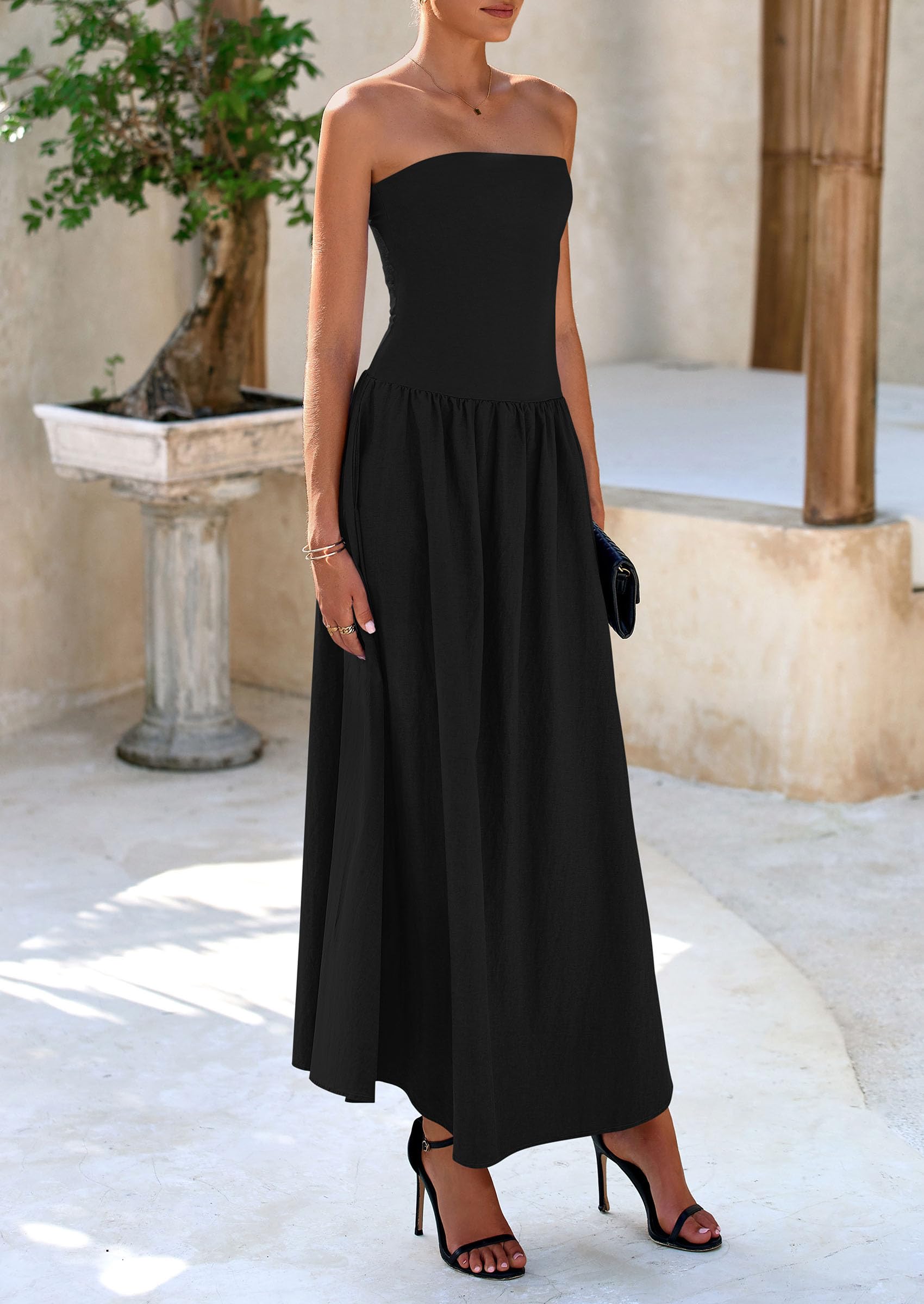 PRETTYGARDEN Women's Strapless Maxi Dress 2025 - Patchwork Long Flowy Summer Dress with Pockets | Elegant Tube Top Dress for Beach, Wedding & Party Wear