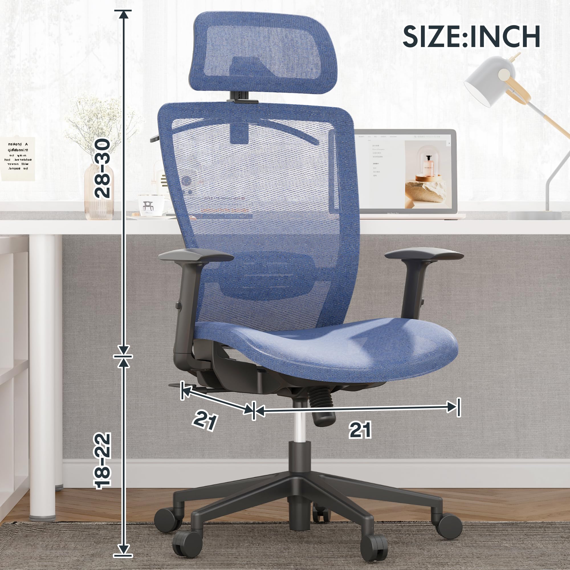 FLEXISPOT Big and Tall Office Chair - Ergonomic Mesh Desk Chair with Sturdy Base & Lumbar Support - Adjustable Home Office Chair for Long Hours Work - Perfect for Professionals & Gamers (Blue)