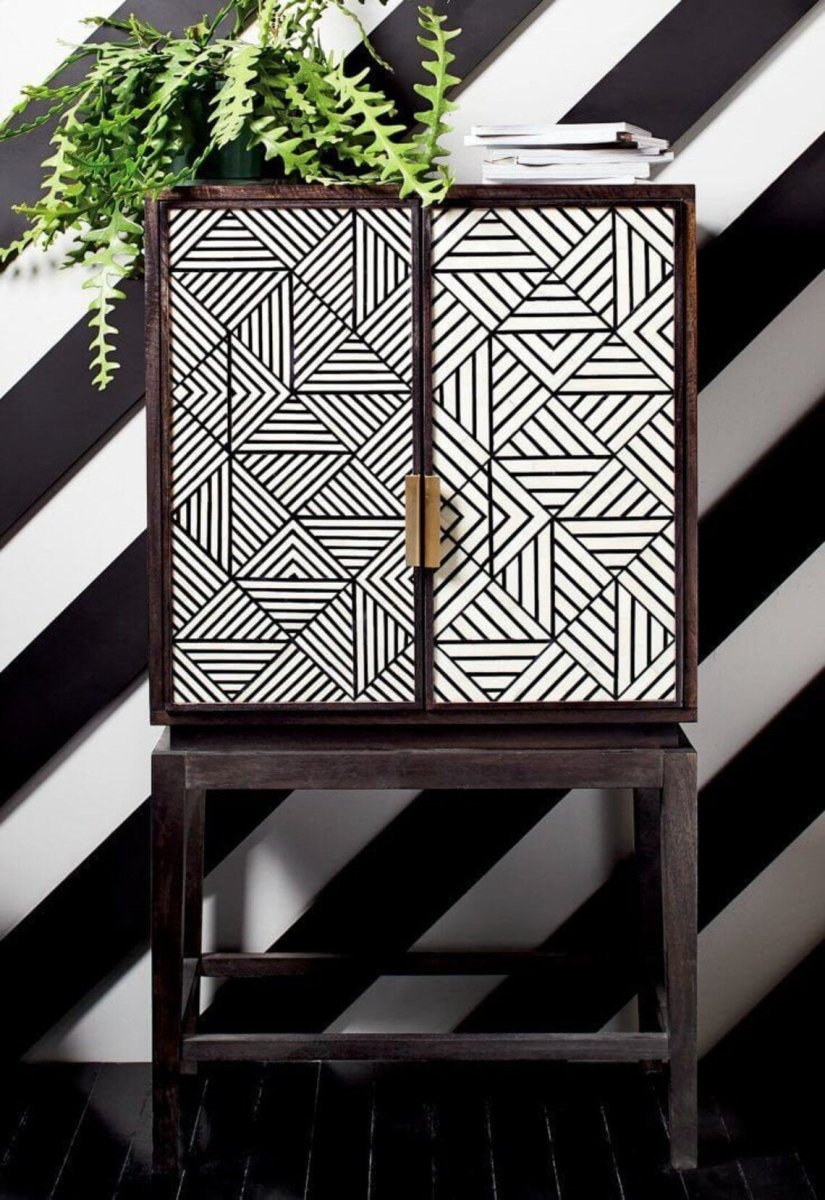 Handmade Bone Inlay Geometric Bar Cabinet - Black Two-Door Storage Furniture for Living Room, Dining Room & Home Decor