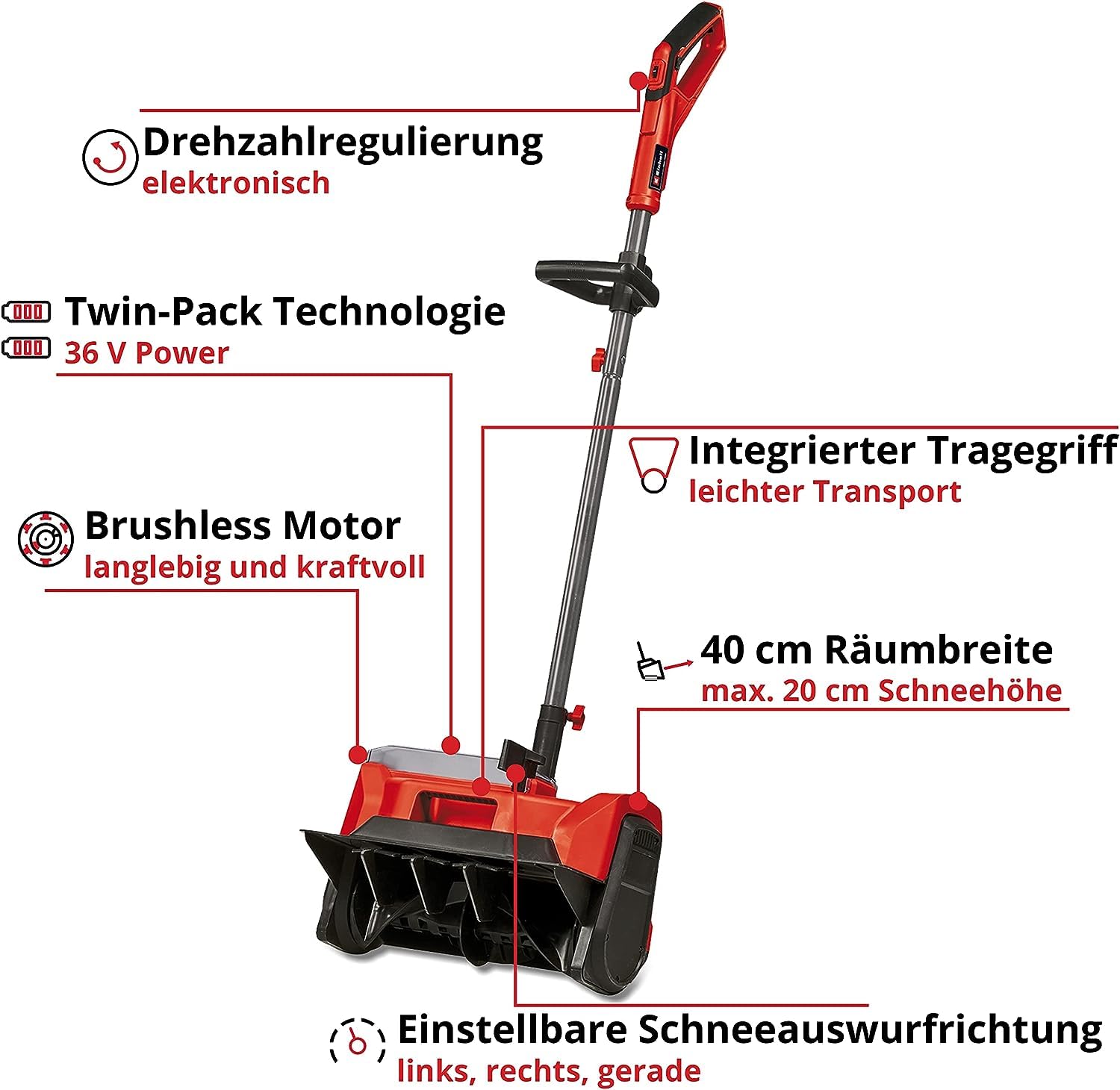 Einhell GE-ST 36/40 Li E-Solo Power X-Change Cordless Snow Blower - 36V Lithium-Ion Battery, 40cm Working Width, 20cm Max Snow Depth (Battery & Charger Not Included) - Perfect for Driveway & Sidewalk Snow Removal