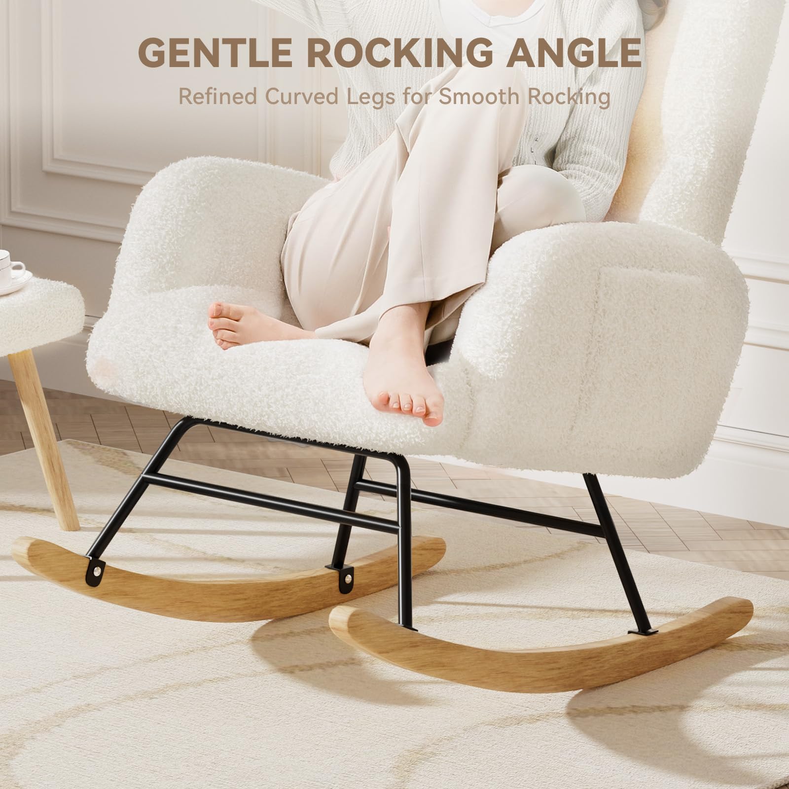 LUCKLIFE White Teddy Upholstered Glider Rocker Chair - High Backrest Nursery Rocking Chair with Side Pockets, Modern Accent Reading Chair for Living Room, Bedroom, Nursery (Without Ottoman) | Perfect for Nursing, Relaxing & Baby Room Decor