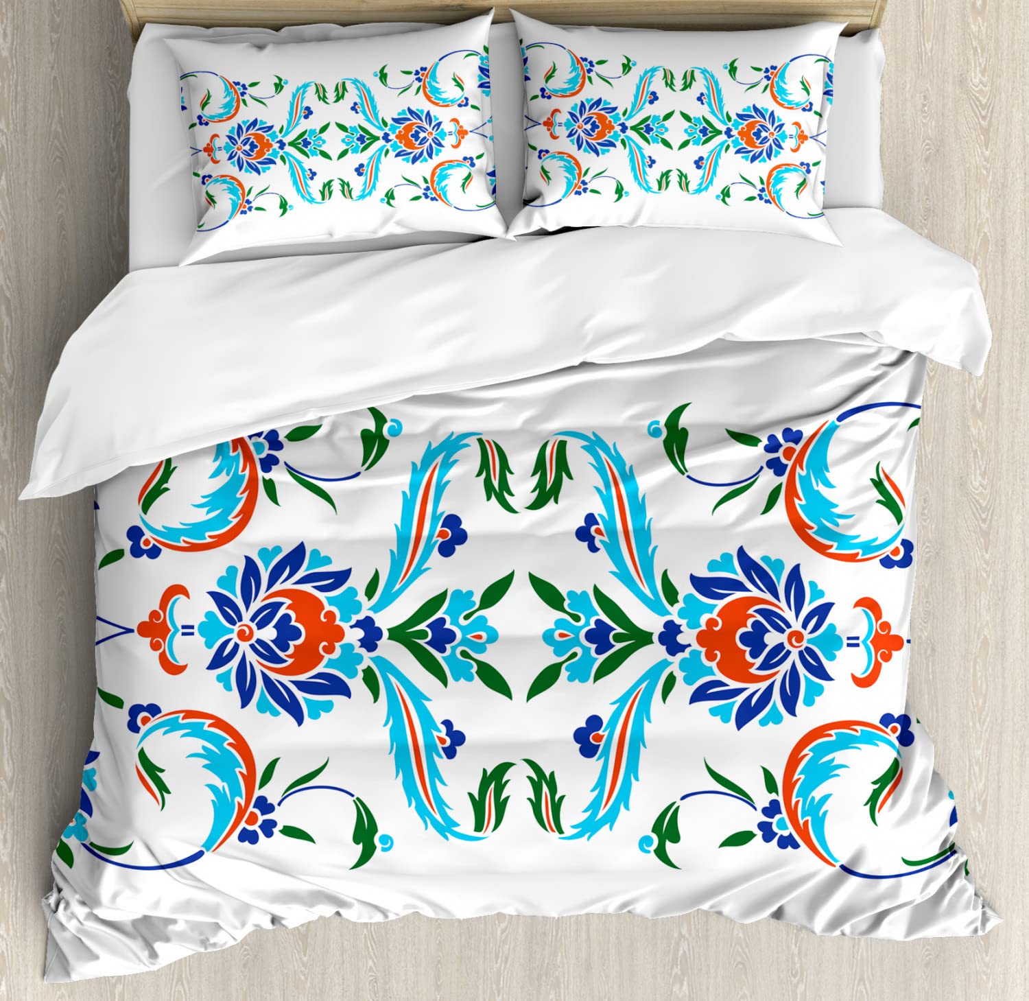Ambesonne Ethnic Duvet Cover Set - Vintage Ottoman Heritage Tulip Print, Queen Size 2-Pack with 2 Duvet Covers & 4 Pillowcases, Blue Red Turkish Ceramic Style Bedding | Perfect for Bohemian & Vintage Home Decor, Guest Room Makeover