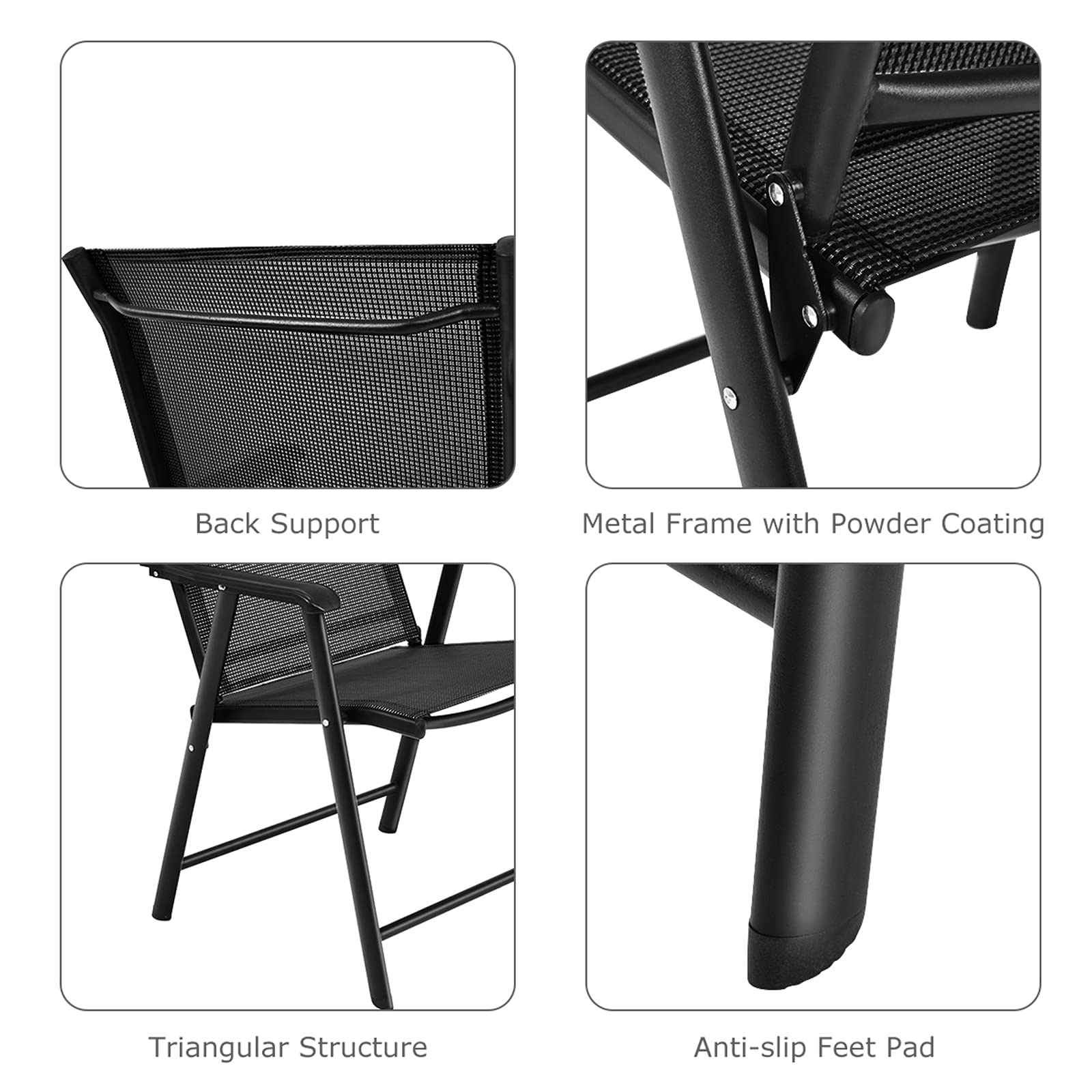 SAFSTAR 4-Pack Black Foldable Outdoor Sling Chairs with Armrests - Patio, Lawn, Garden, Backyard, Poolside & Porch Seating - Heavy Duty Folding Chairs for Camping, Picnics, Beach & BBQs