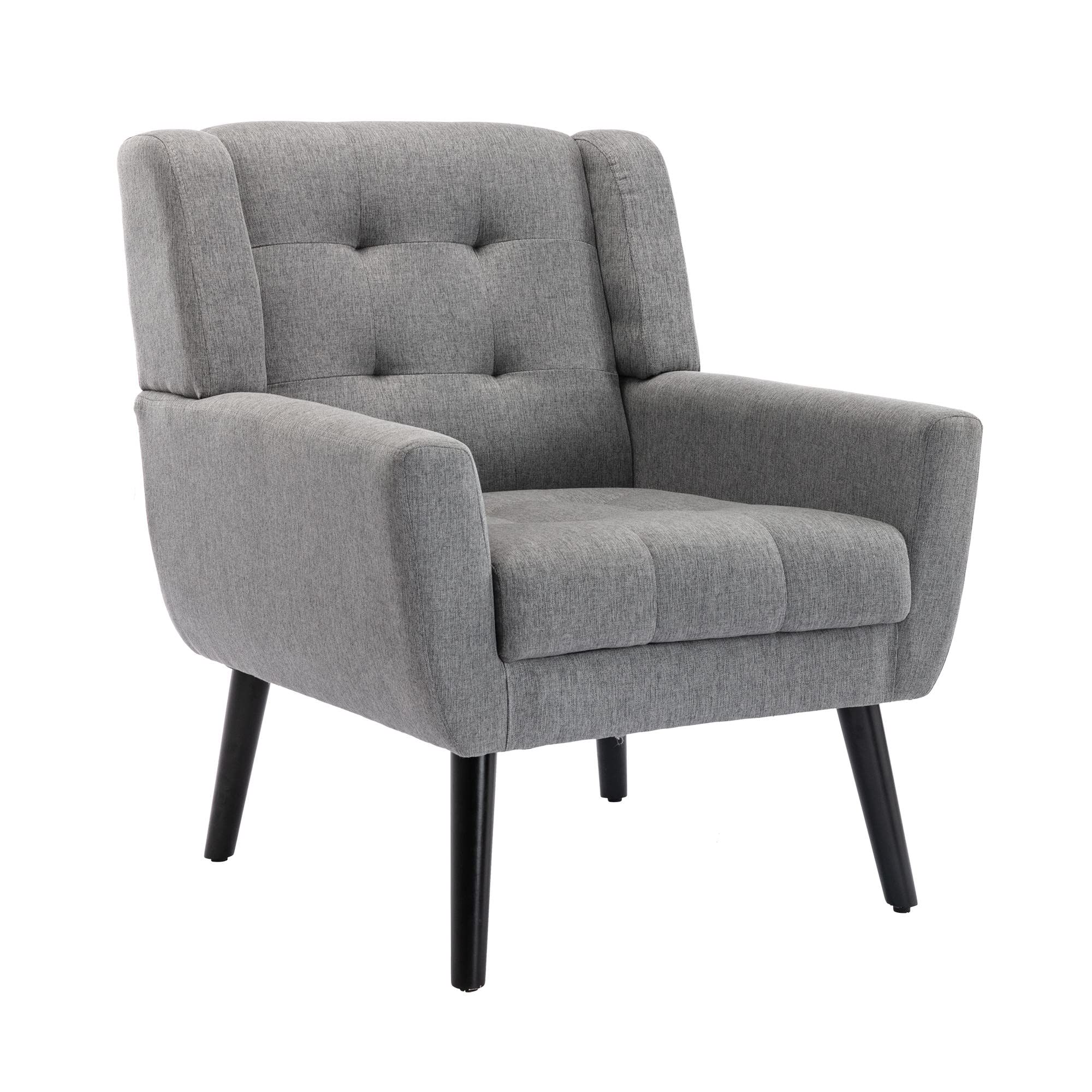 Modern Accent Chair with Button Tufted Design - Linen Upholstered Armchair with Black Legs - Ergonomic Living Room & Bedroom Chair in Light Gray - Perfect for Reading Nook, Home Office or Lounge Area