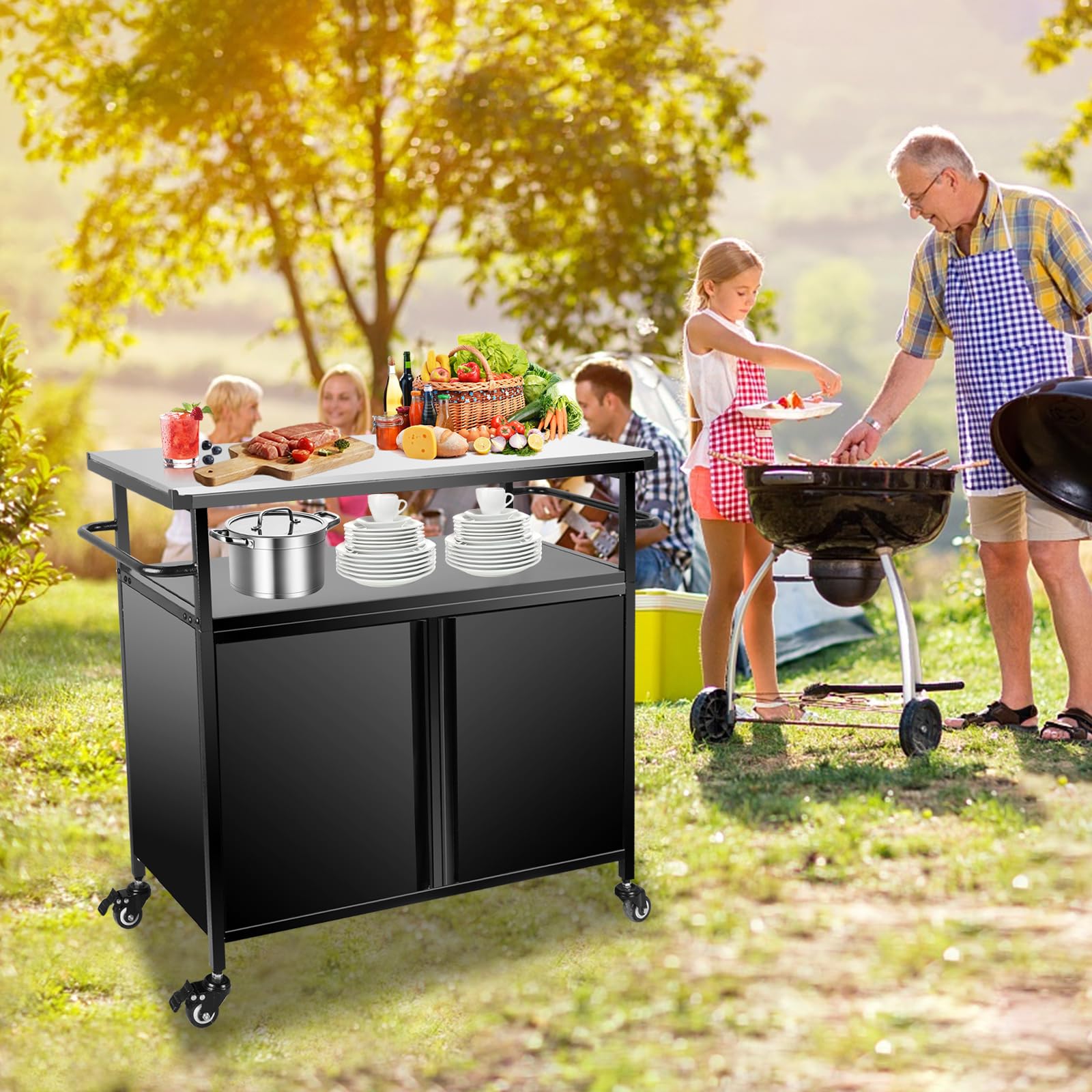 Karpevta Stainless Steel Outdoor Grill Cart with Storage & Wheels - Portable BBQ Prep Table with Handle for Backyard, Patio, Camping & Tailgating | Perfect for Grilling, Food Prep & Outdoor Entertaining