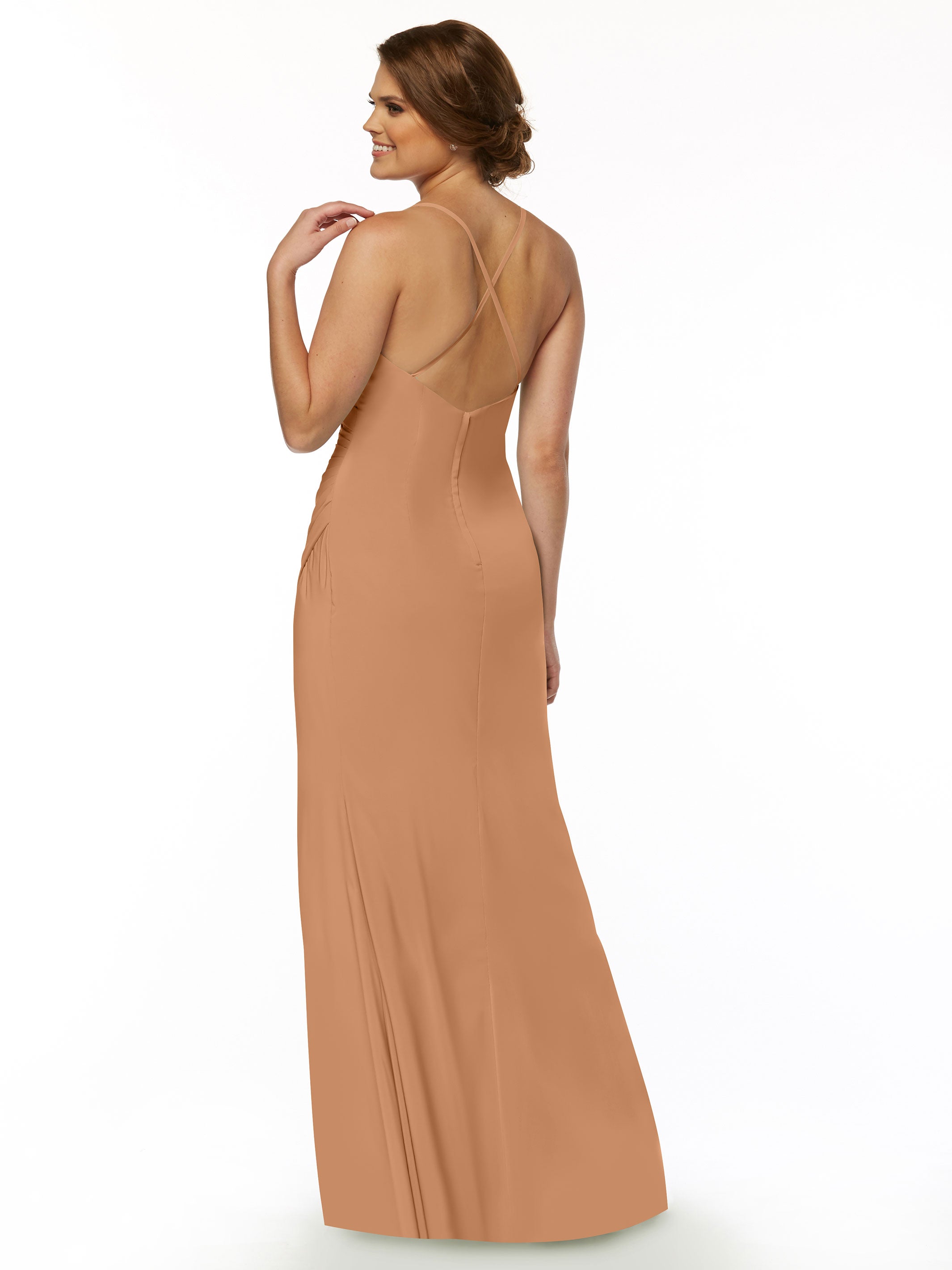 Elegant 80114 Stretch Chiffon Sheath Bridesmaid Dress with Ruching and High Slit - Perfect for Weddings, Formal Events & Evening Parties