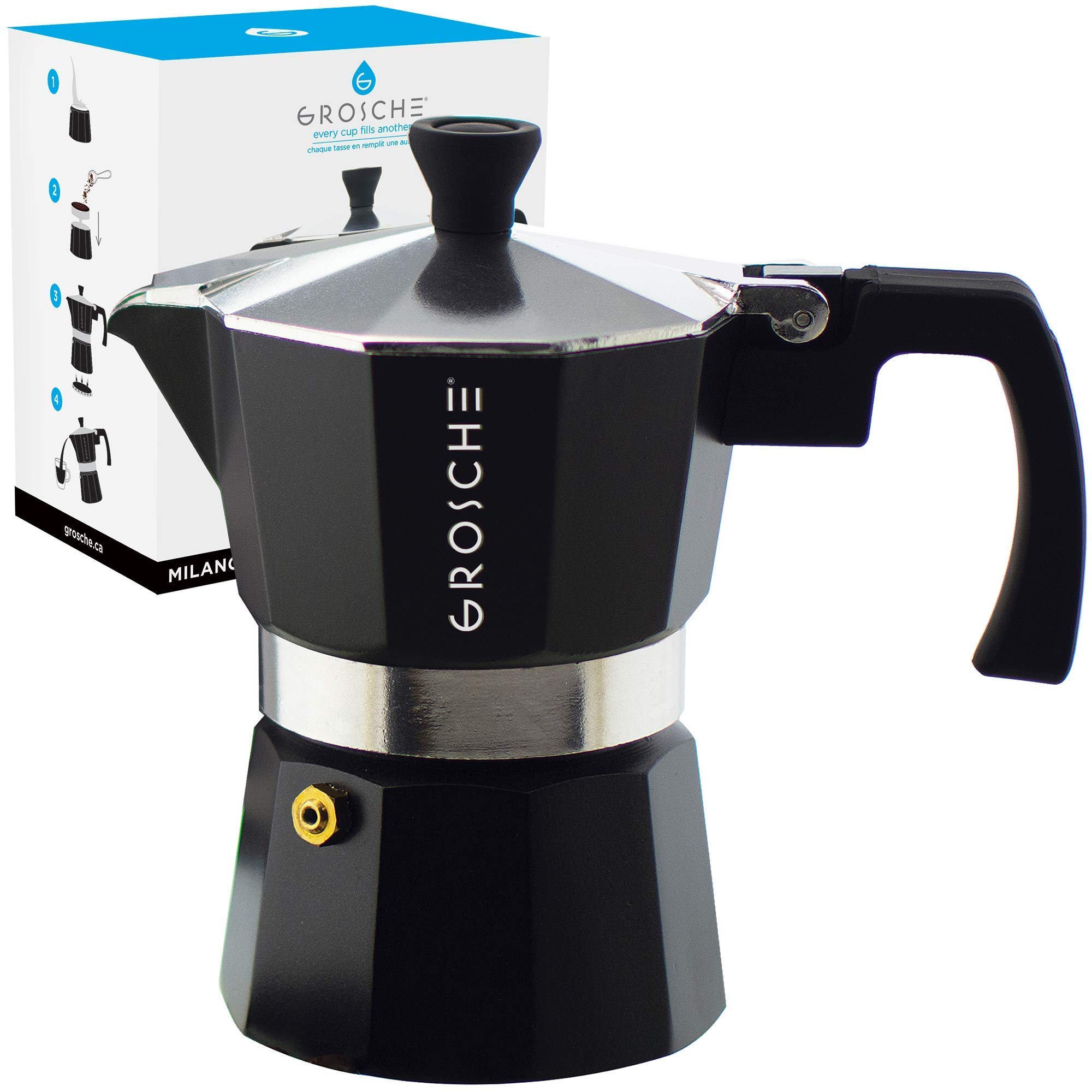GROSCHE Milano Stovetop Espresso Maker - 1.5 fl oz Moka Pot for Cuban & Italian Coffee | Black Stovetop Coffee Brewer | Perfect for Home, Office & Camping Use