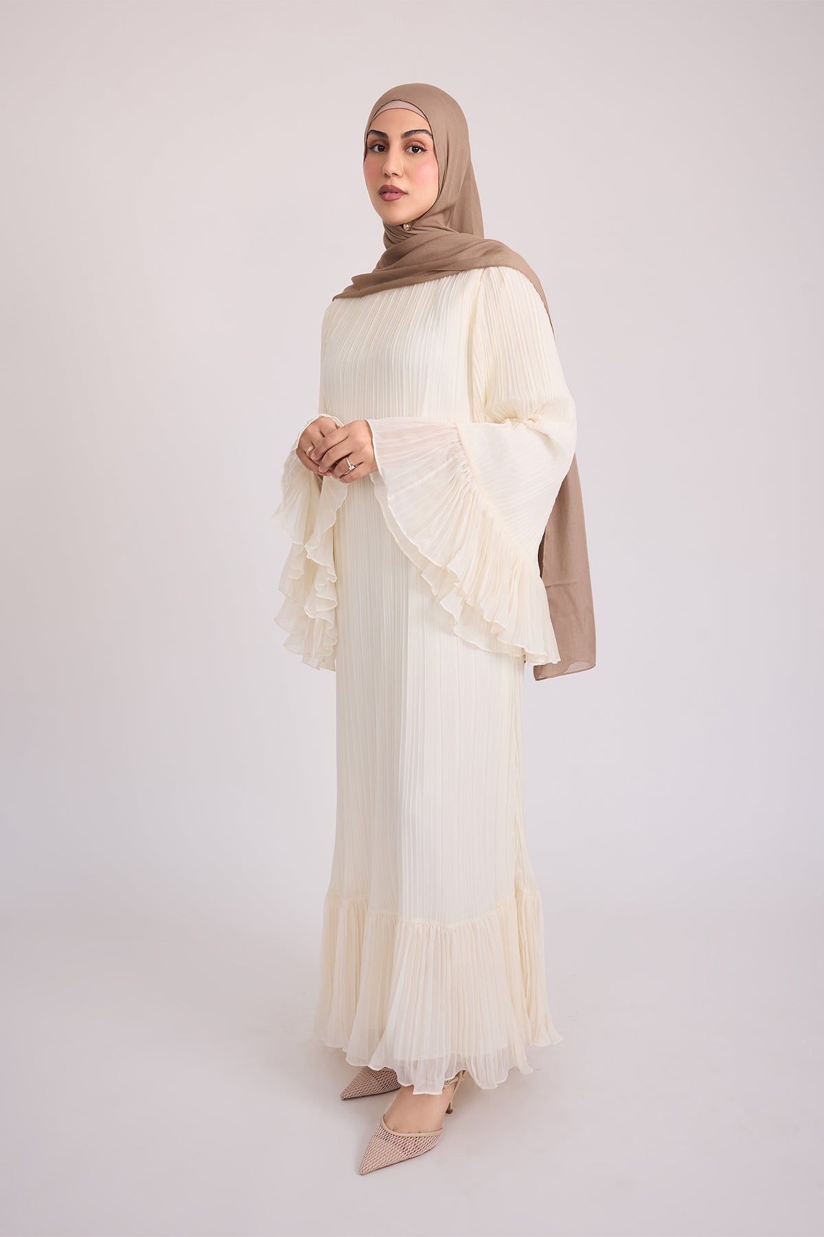 Camille Pleated Maxi Dress for Women - Elegant Off White Long Flowy Dress for Summer, Beach, Wedding & Special Occasions