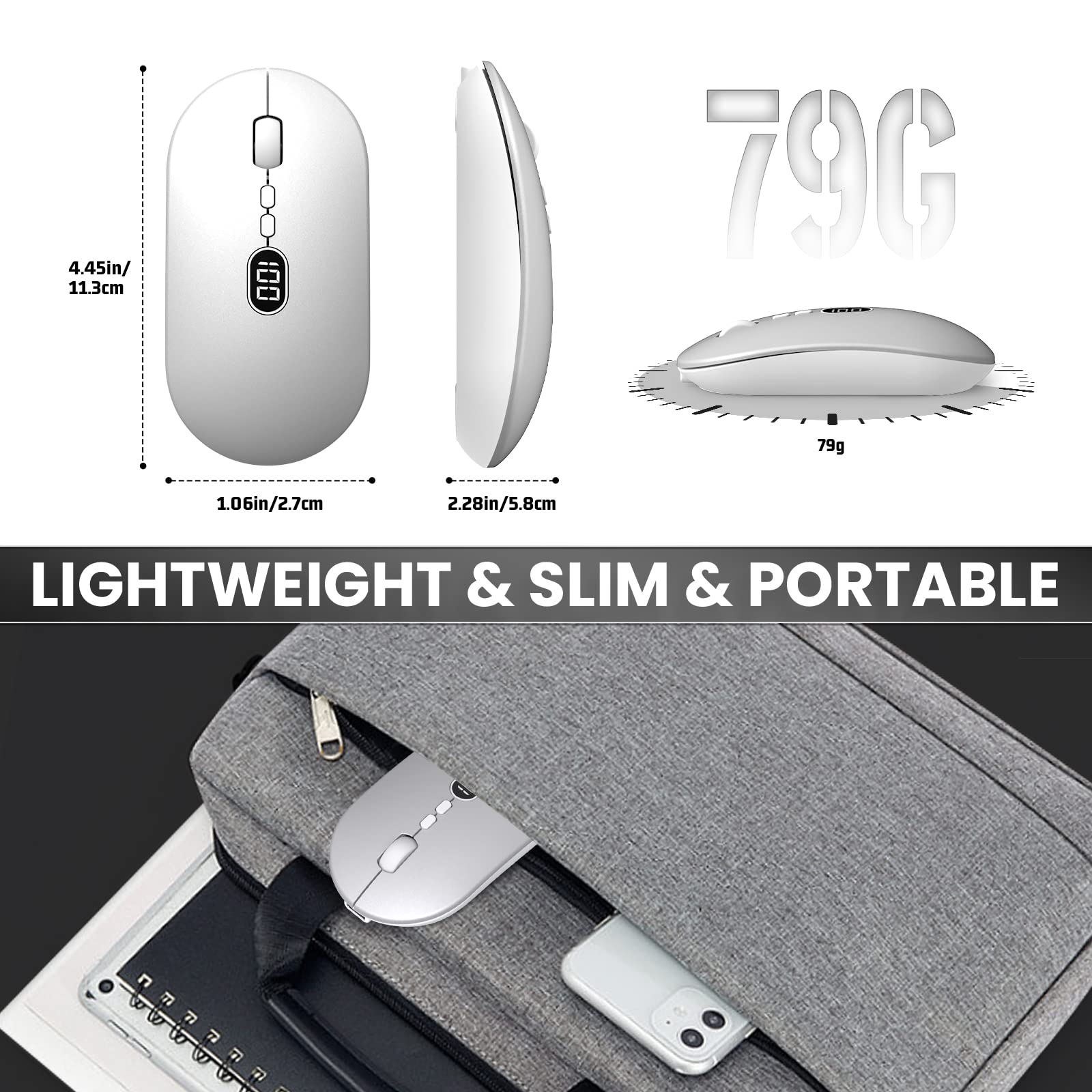 Wireless Computer Mouse - 2.4G Ultra Slim USB Silent Click Laptop Mouse with Battery Indicator, 1600 DPI for Windows Mac PC Office | Portable for Travel, Home & Work Use