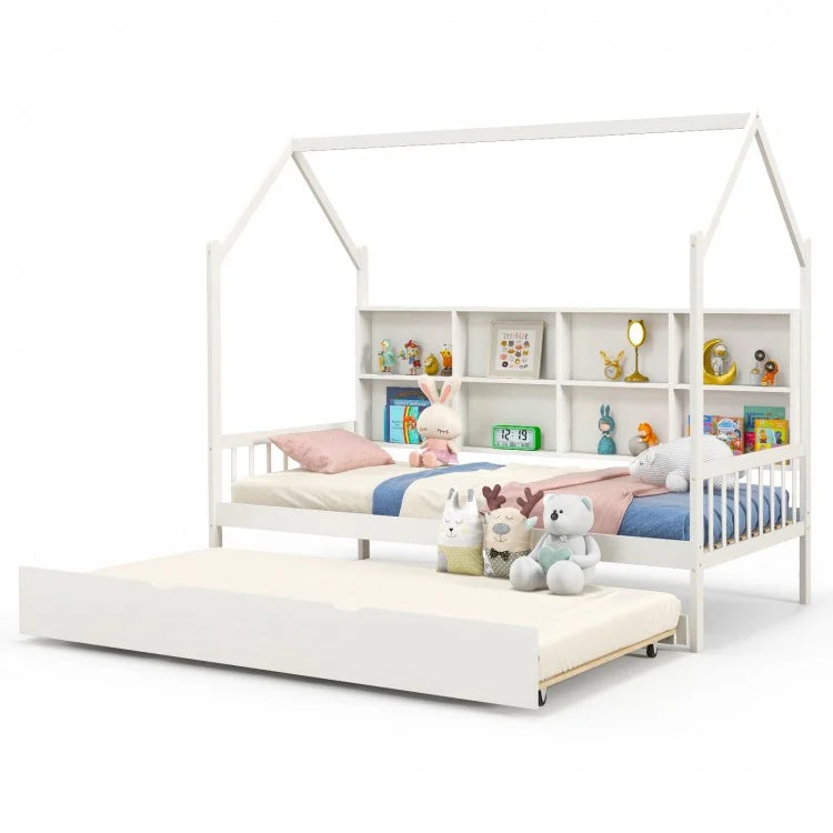 Montessori Twin Size Daybed for Kids with Roof and Storage Shelves - White - Perfect for Bedrooms, Playrooms, and Montessori Learning Spaces