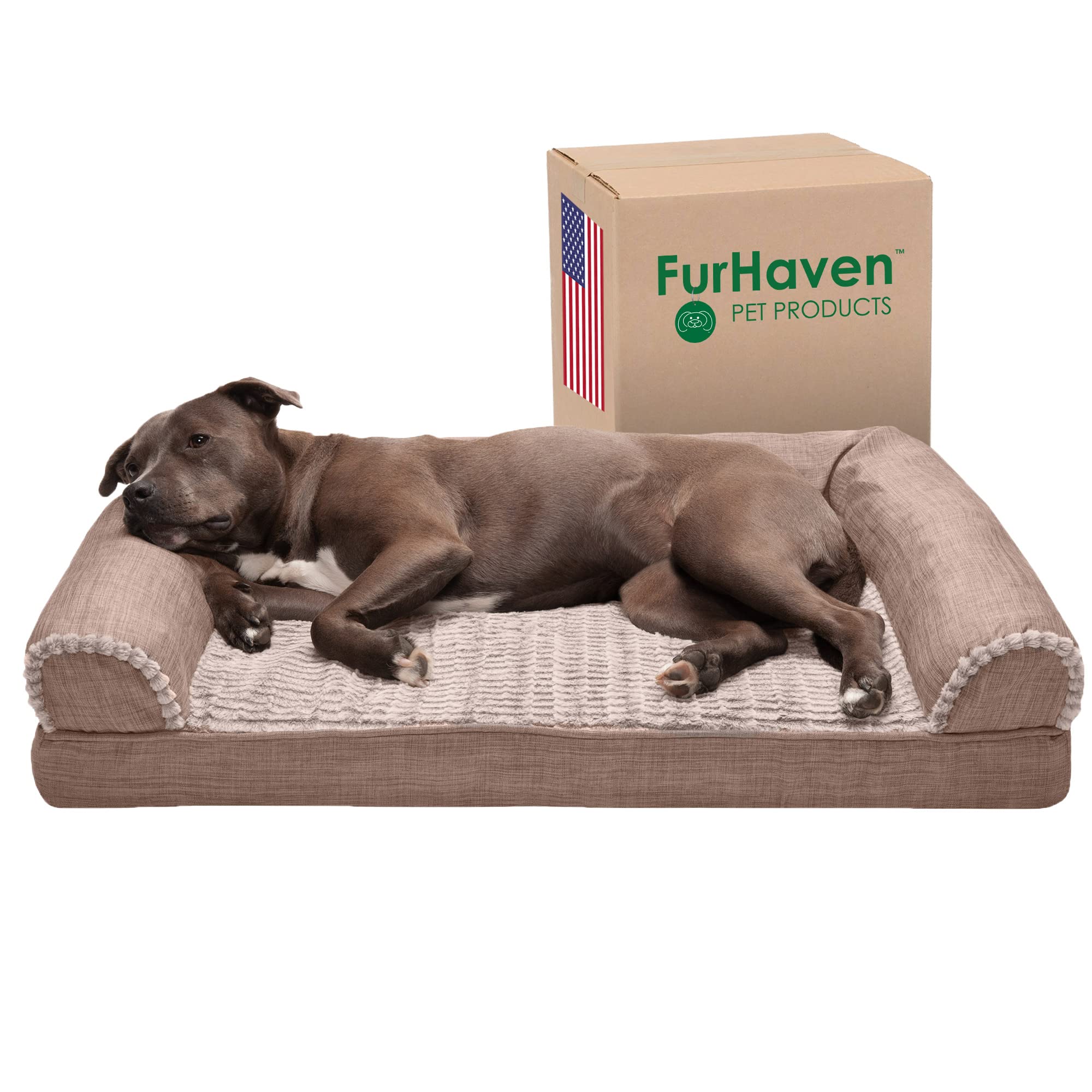 Furhaven Orthopedic Dog Bed for Large & Medium Dogs - Removable Bolsters & Washable Cover - Supports Up to 55 lbs - Luxe Faux Fur & Performance Linen Sofa Style - Woodsmoke Color - Perfect for Living Room, Bedroom or Pet-Friendly Spaces