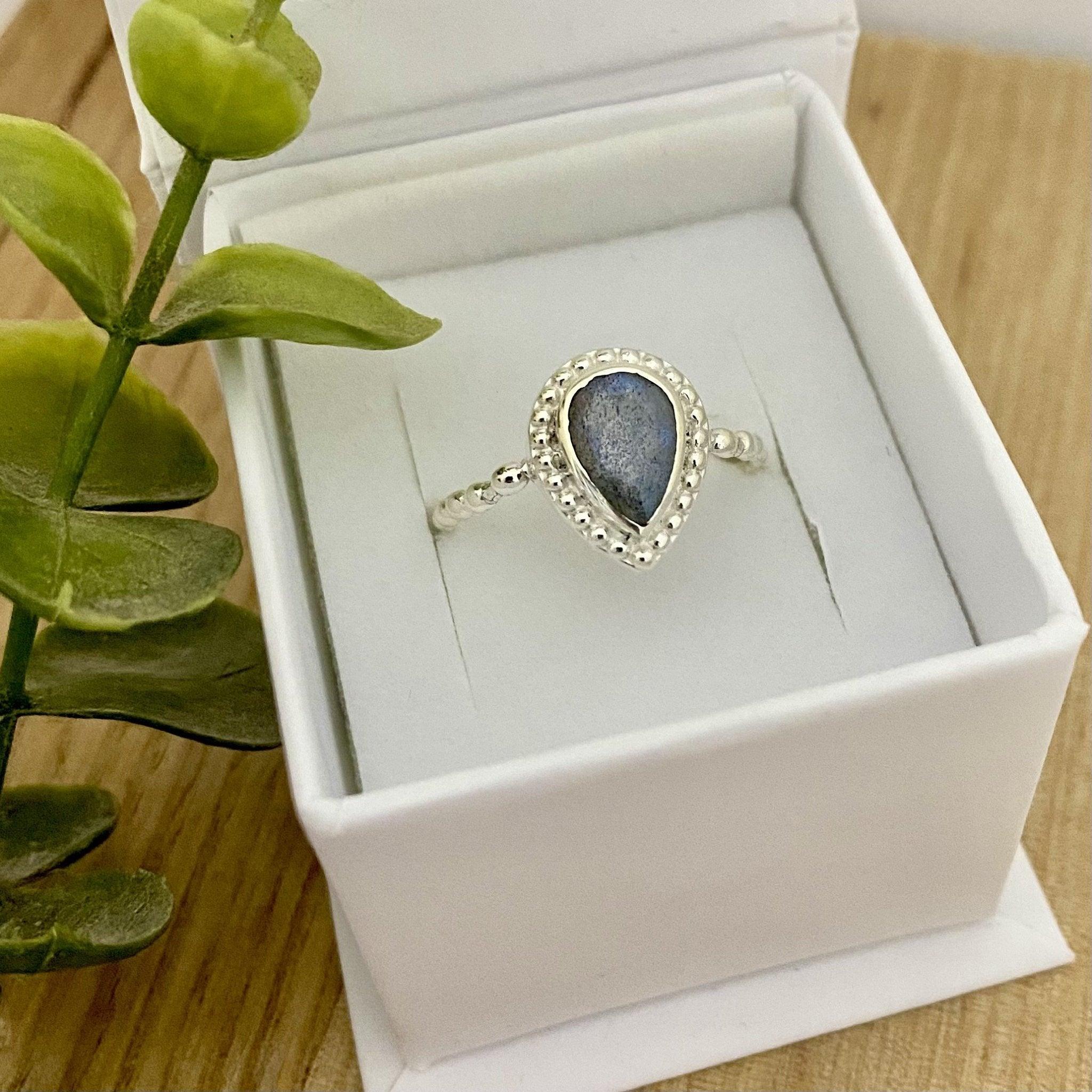 Laihas Summer Haze Raindrop Labradorite Ring - Dainty Blue Gemstone Jewelry for Women, Perfect for Beach Vacation & Boho Fashion