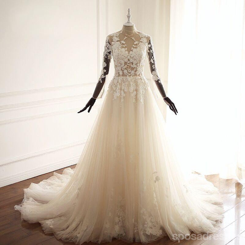Elegant High Neck Sheer A-Line Lace Wedding Dress - Custom Bridal Gown WD298 | Perfect for Bridal Showers, Vow Renewals & Formal Events