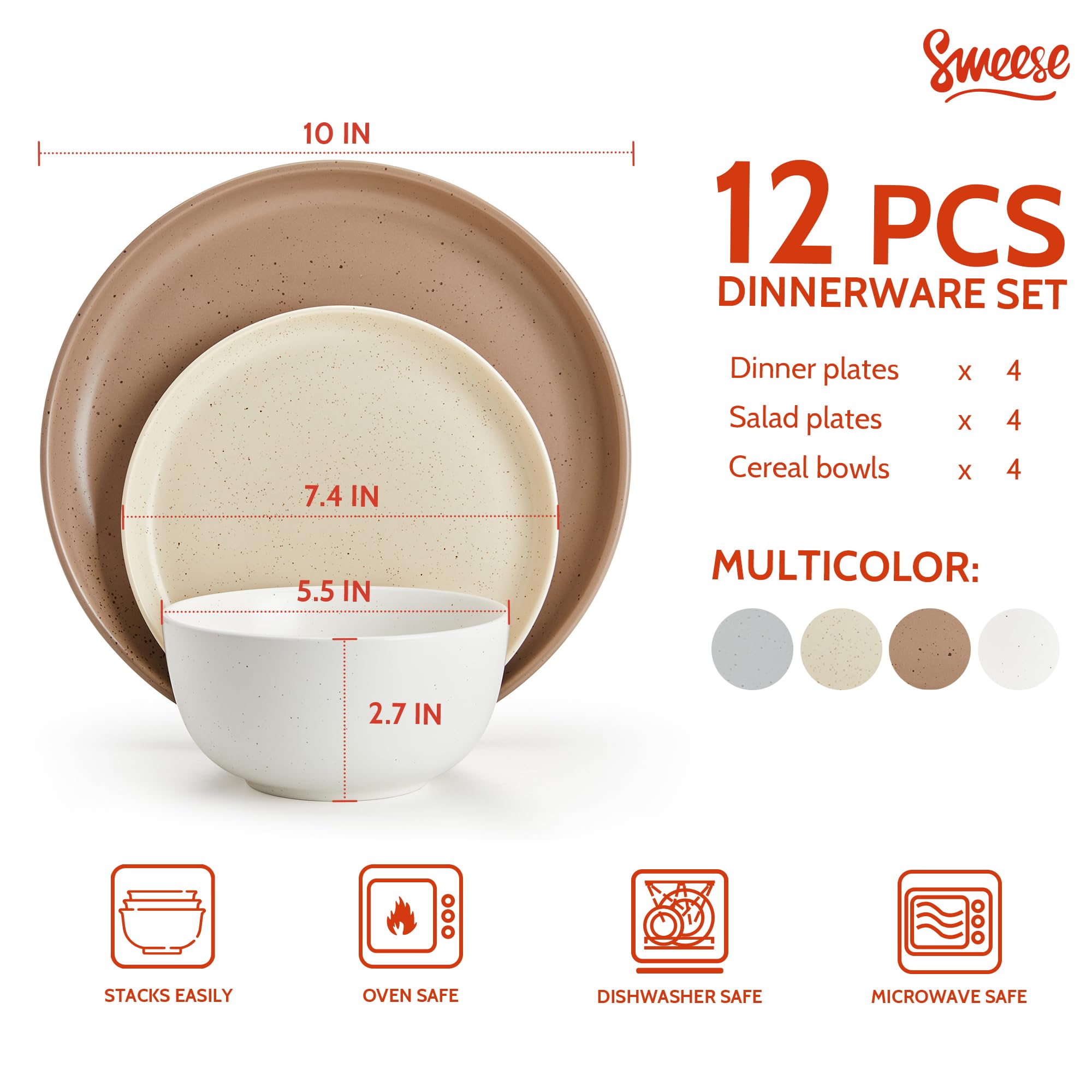 Sweese 12-Piece Porcelain Dinnerware Set - Round Plates & Bowls for 4, Chip & Scratch Resistant, Dishwasher & Microwave Safe - Perfect for Family Dinners, Parties & Everyday Use (Multi-Color)