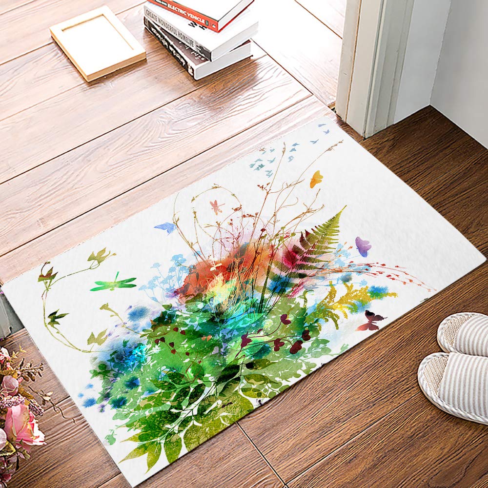 Savannan Non-Slip Absorbent Doormat 16x24 Inch - Washable Indoor Entrance Rug for Doorway, Kitchen & Bathroom - Colorful Watercolor Design with Plant Leaves, Butterfly & Dragonfly - Perfect for Home Decor & High Traffic Areas