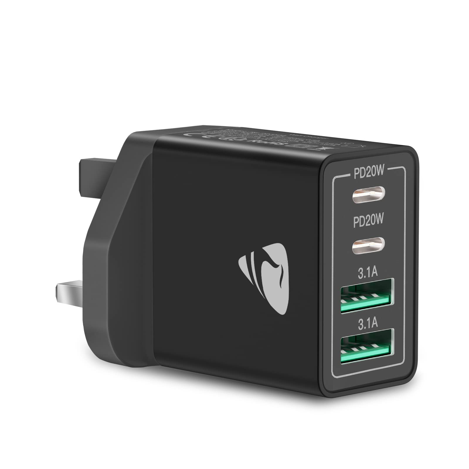 Aioneus 40W 4-Port USB C Fast Charger UK Plug with PD & QC - Multi-Port Wall Charger for iPhone 14/13/12/11/X/8/7/SE, iPad, Samsung Galaxy - Perfect for Travel, Home & Office Charging