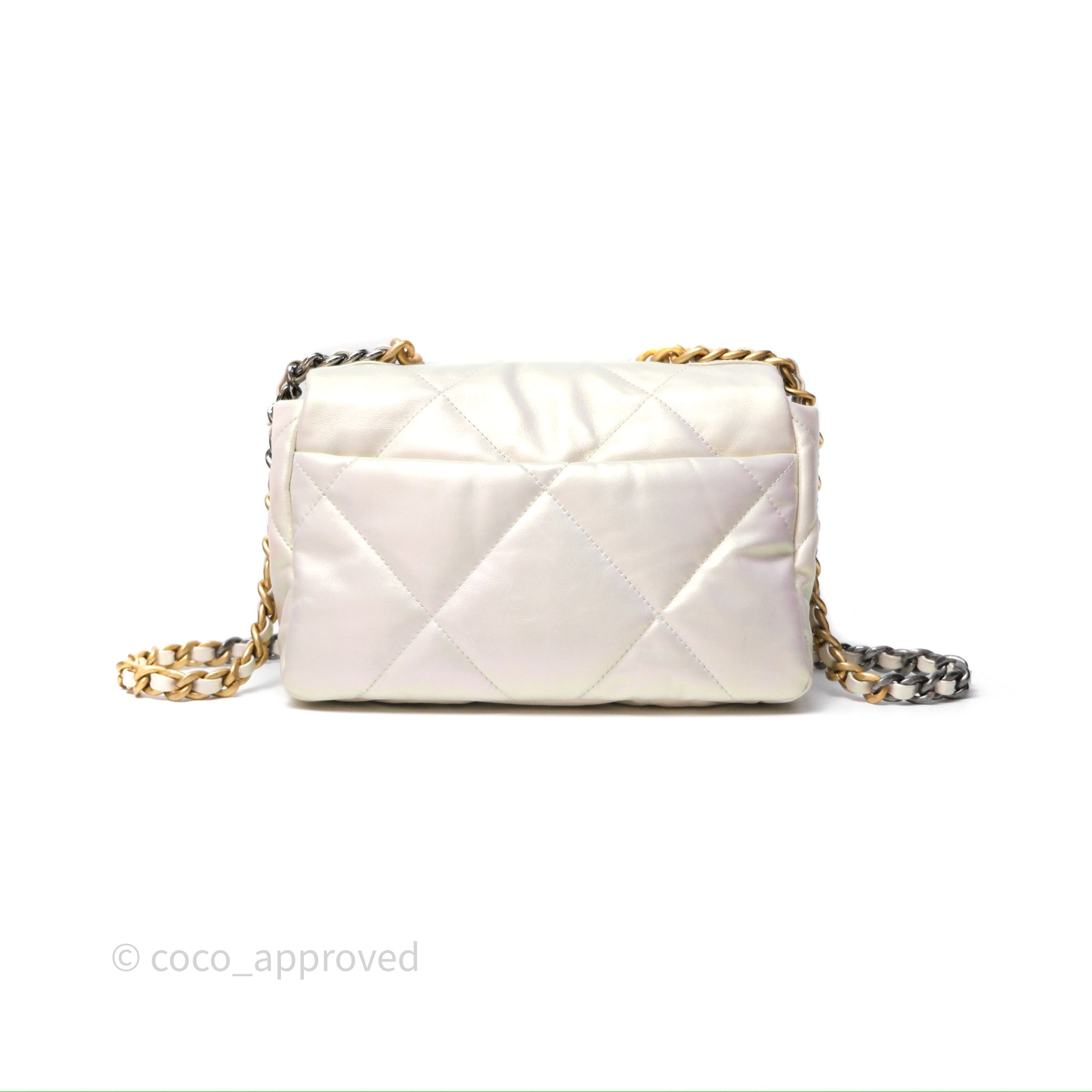 Chanel 19 Small Iridescent White Leather Flap Bag with Mixed Hardware - Perfect for Everyday Luxury & Evening Events
