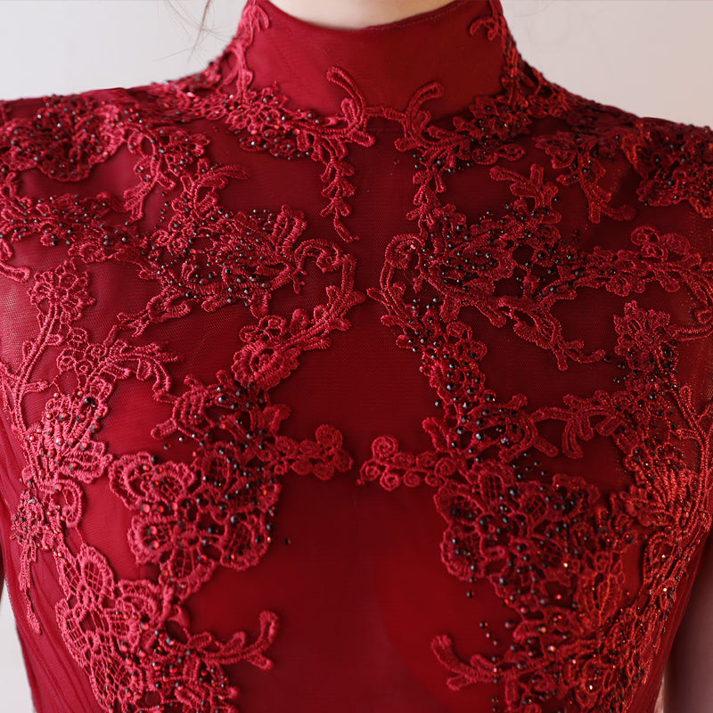 Elegant Burgundy Lace Tulle Long Prom Dress for Women - Formal Evening Gown for Homecoming, Wedding Guest & Special Occasions